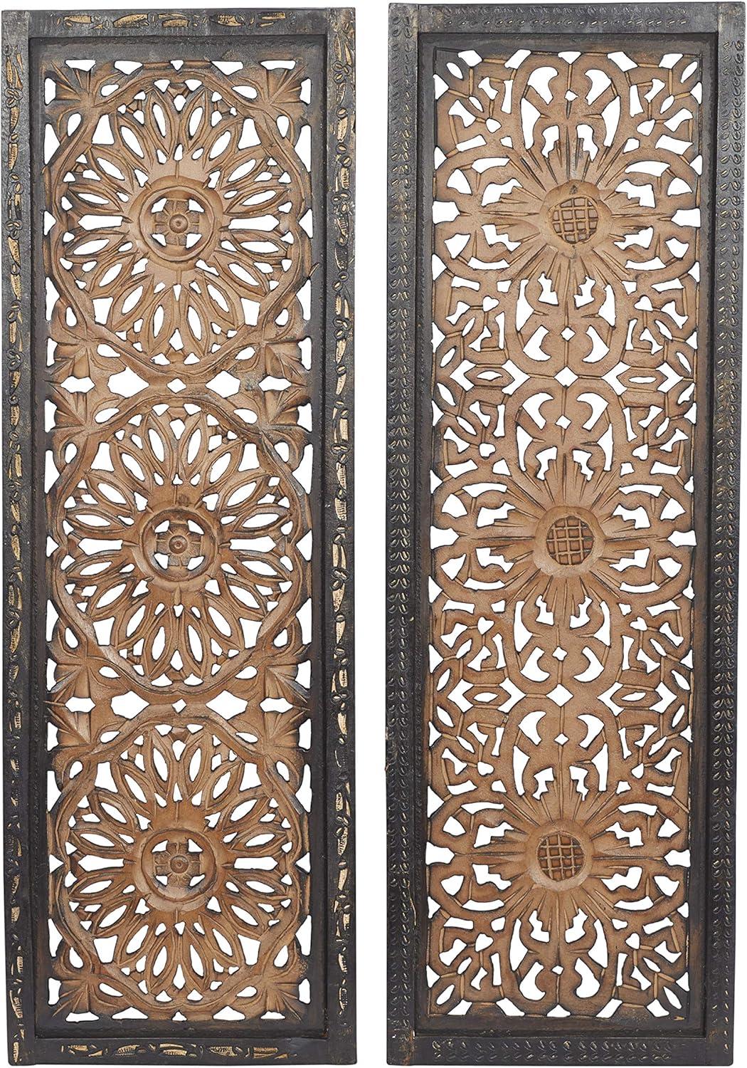 DecMode Brown Wood Handmade Intricately Carved Floral Wall Decor (2 Count)