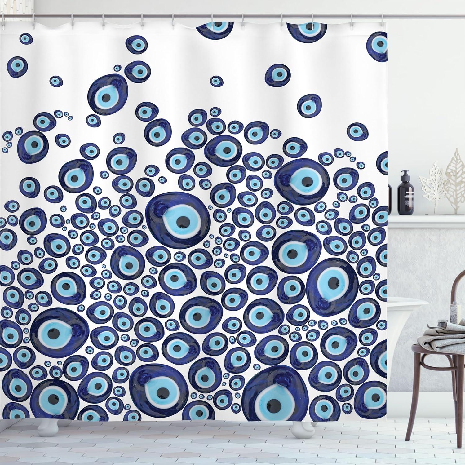 Ambesonne Evil Eye Shower Curtain, Traditional Beads Luck, 69"Wx70"L, Dark Blue and Pale Blue