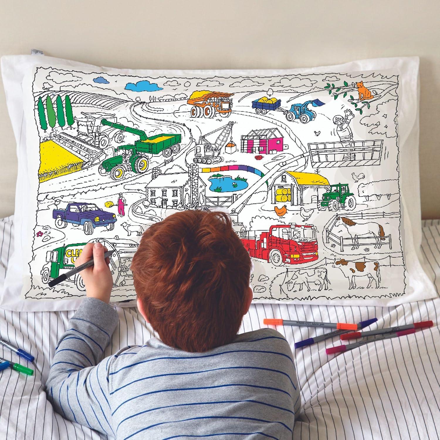 eatsleepdoodle Coloring Cotton Pillowcase with Washable Markers - Cars and Trucks Color in Activity Craft Kit for Boys and Girls Age 3+