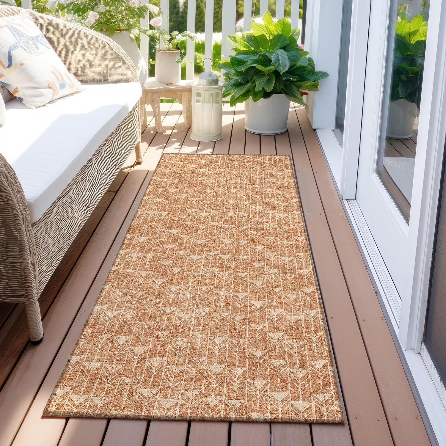 Salmon Geometric Pattern Washable Synthetic Runner Rug