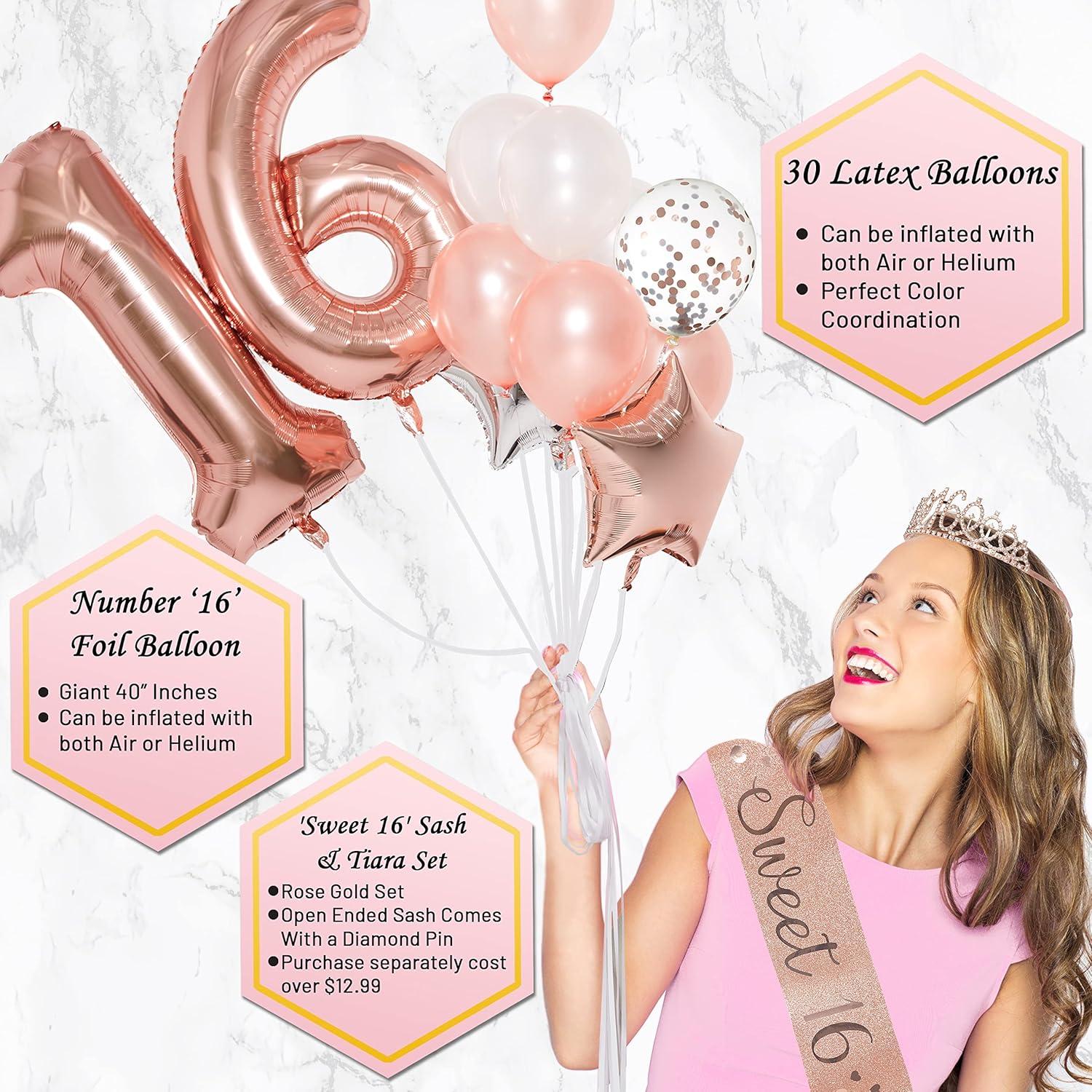 PartyHooman Sweet 16 Birthday Decorations Rose Gold With Sweet 16 Sash and Tiara Set, 2Pcs Backdrop, 25Pcs Pre-assembled Photo Booth Props, Balloons, Cake Topper | 16th birthday decorations for girls