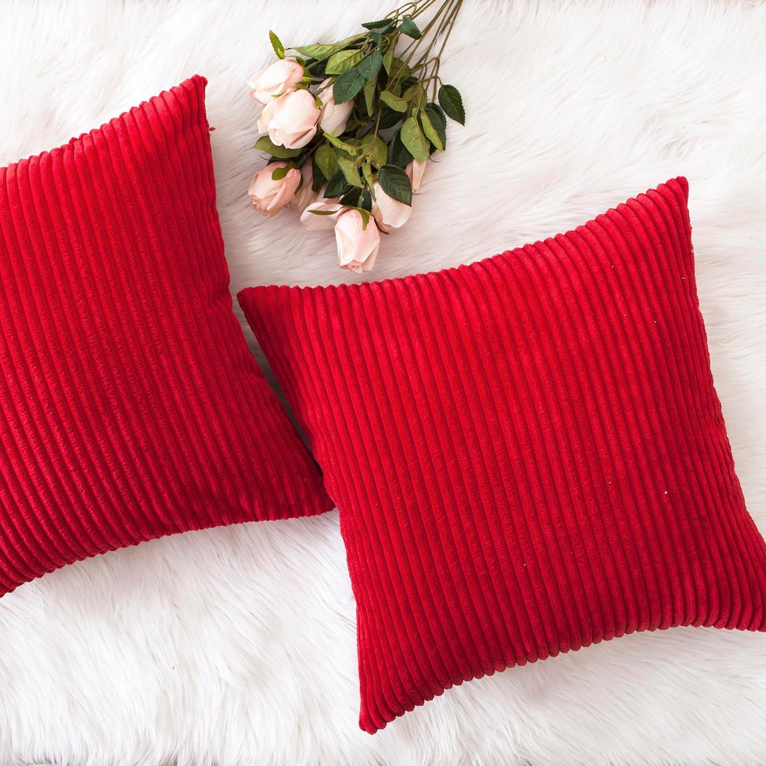 Red Ribbed Velvet 18x18 Euro Throw Pillow Covers, Set of 2