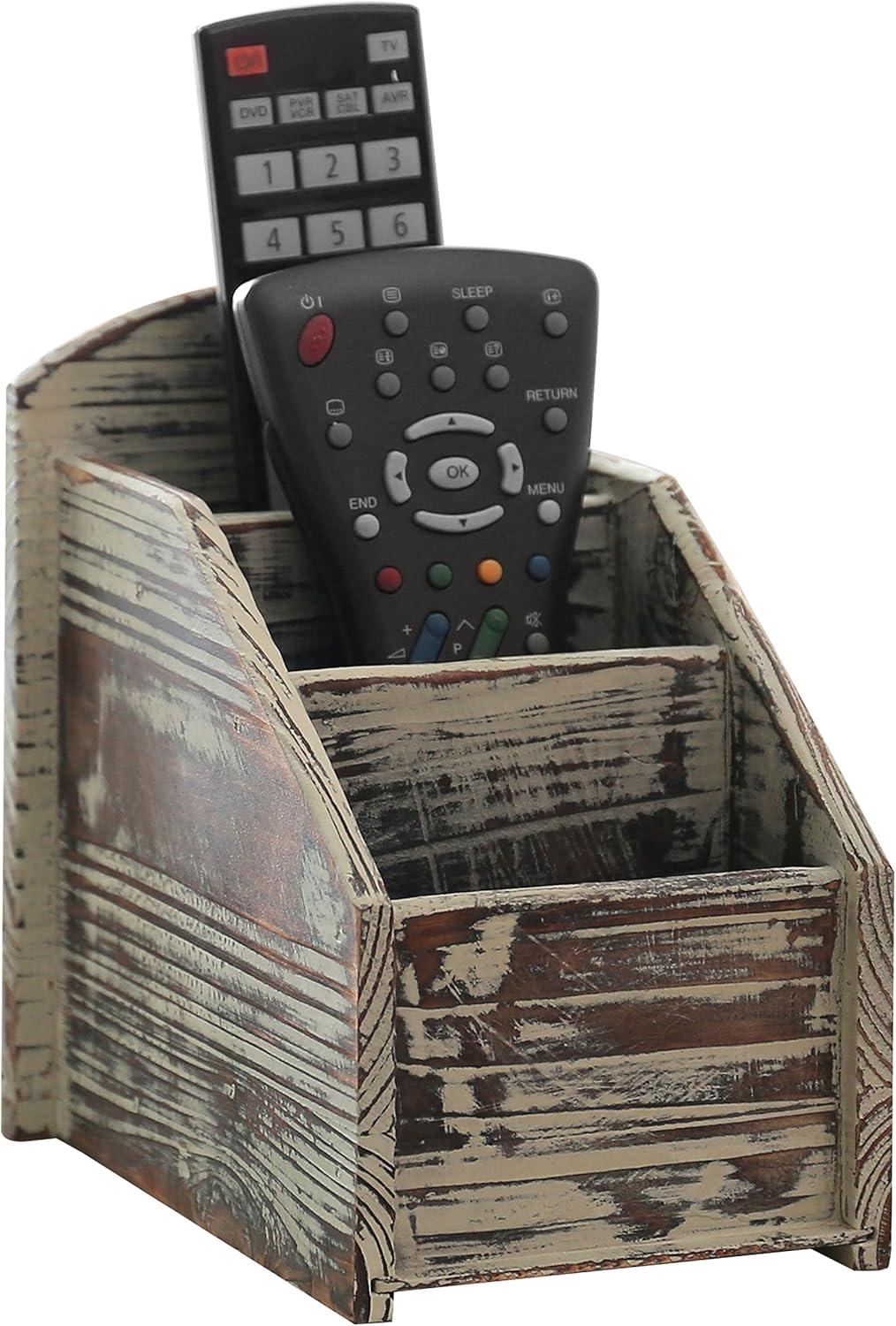 MyGift Rustic Torched Wood Remote Control Holder for Table with 3 Compartments, Living Room TV Media Organizer