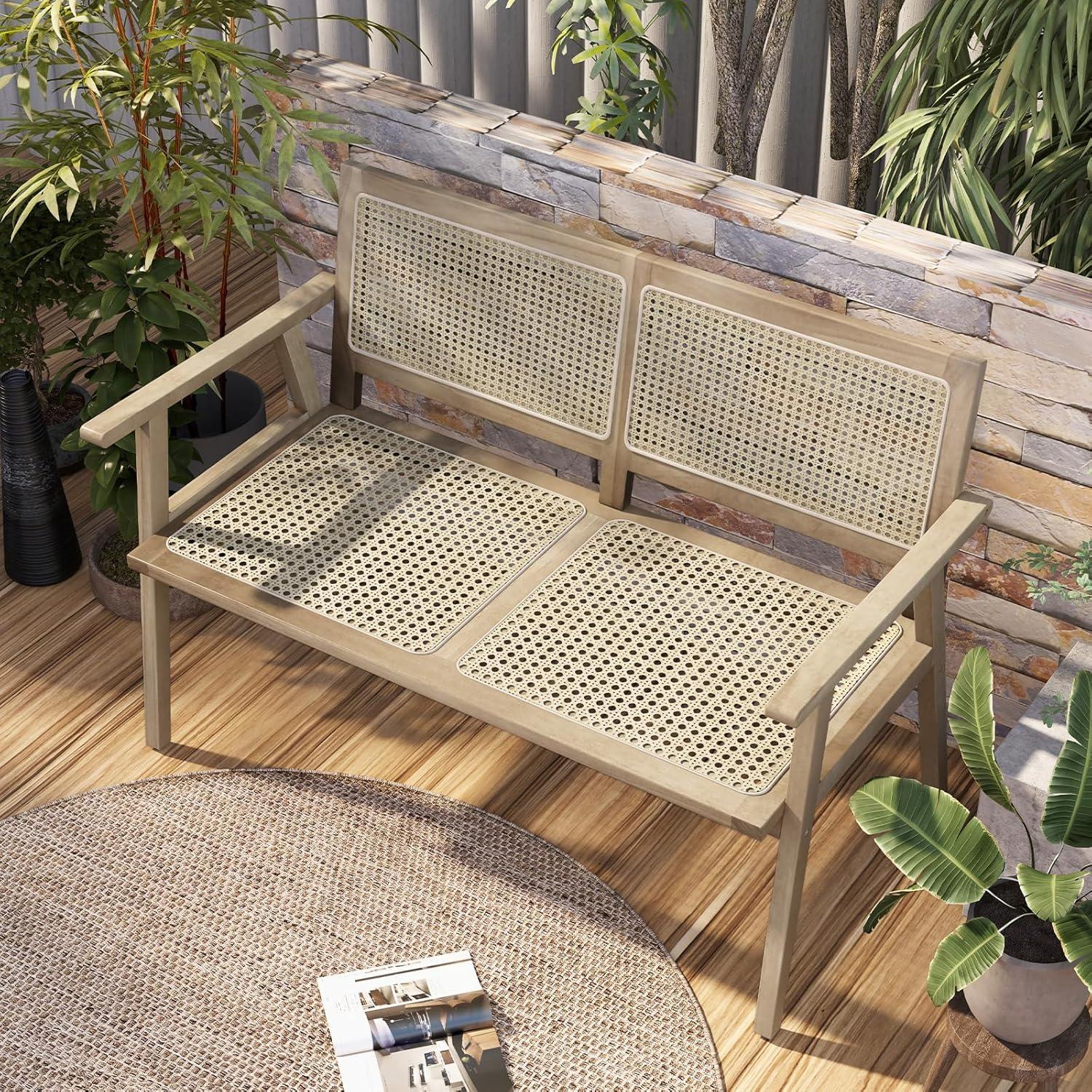 Tangkula Outdoor Teak Wood Garden Bench, 2-Person Patio Bench with Armrests, Rattan Backrest & Seat, Patio Garden Bench for Porch, Lawn, Balcony and Backyard, Natural