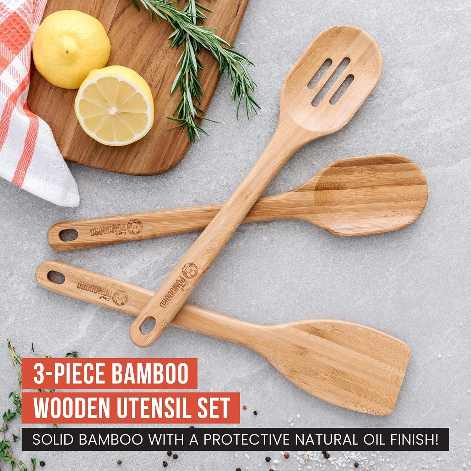 Chef Pomodoro Wooden Cooking Utensils 3-Pc Set, Bamboo, Large 12.5", Frying Set