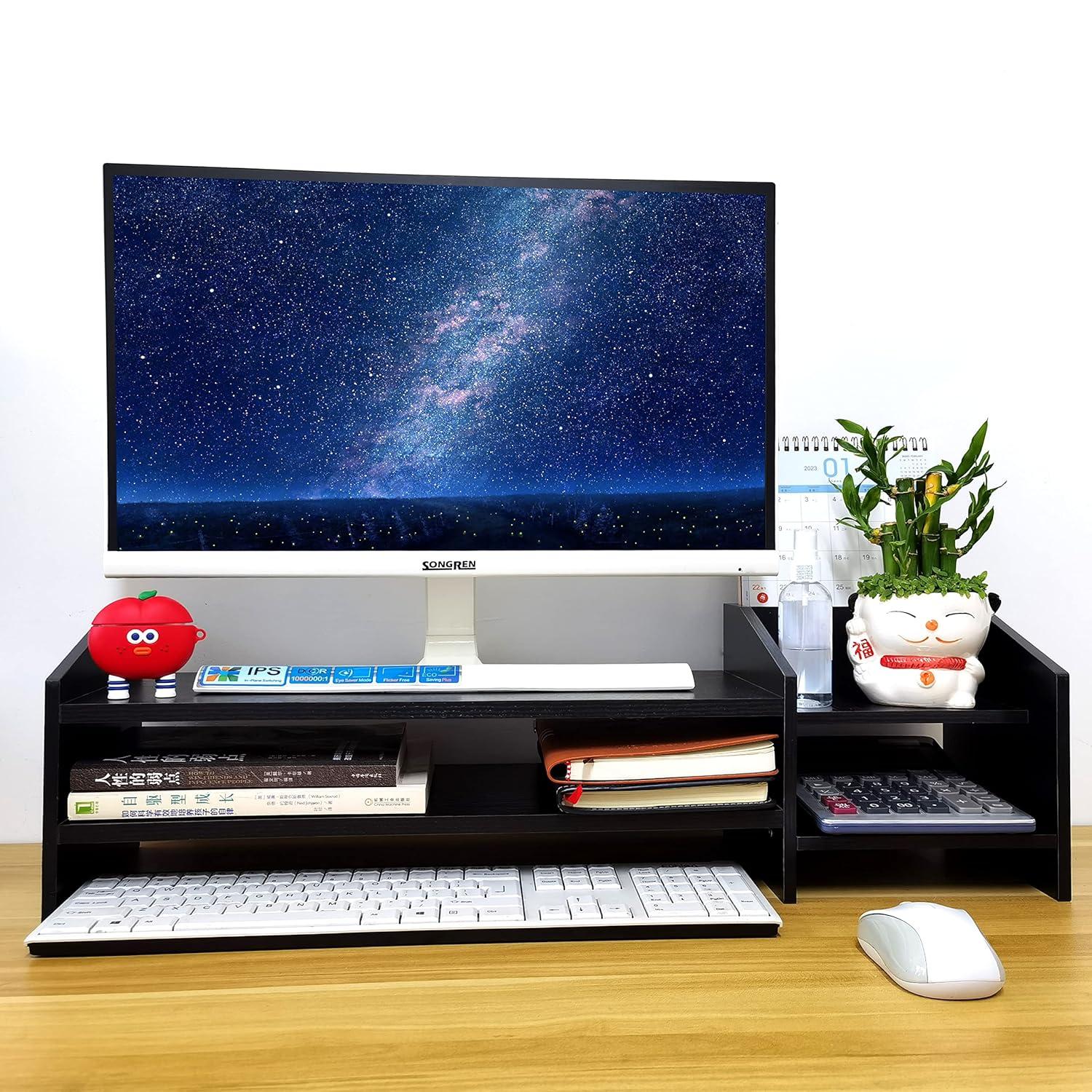 Computer Monitor Riser, 2 Tier Wooden Stand With Two Layer Storage Rack, Black Desktop Organizer for PC/Laptop, Home & Office