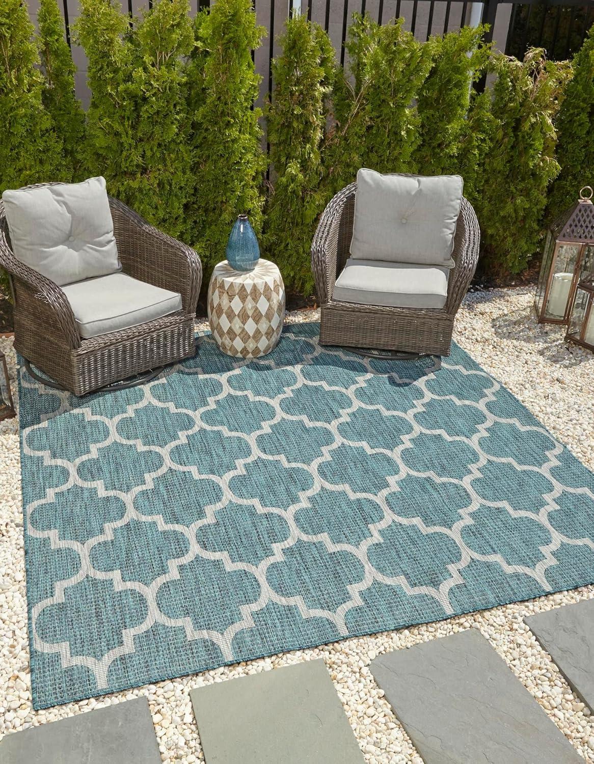 Teal & Gray Square Trellis Outdoor Rug, Easy-Care Synthetic