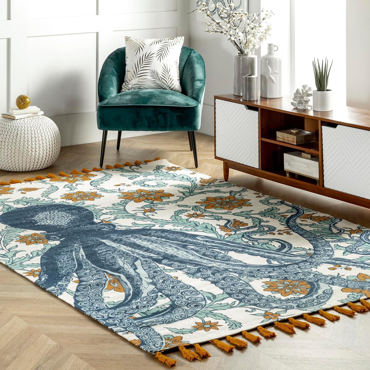 Thomas Paul Thomas Paul Octopus Tasseled Blue/Yellow Area Rug