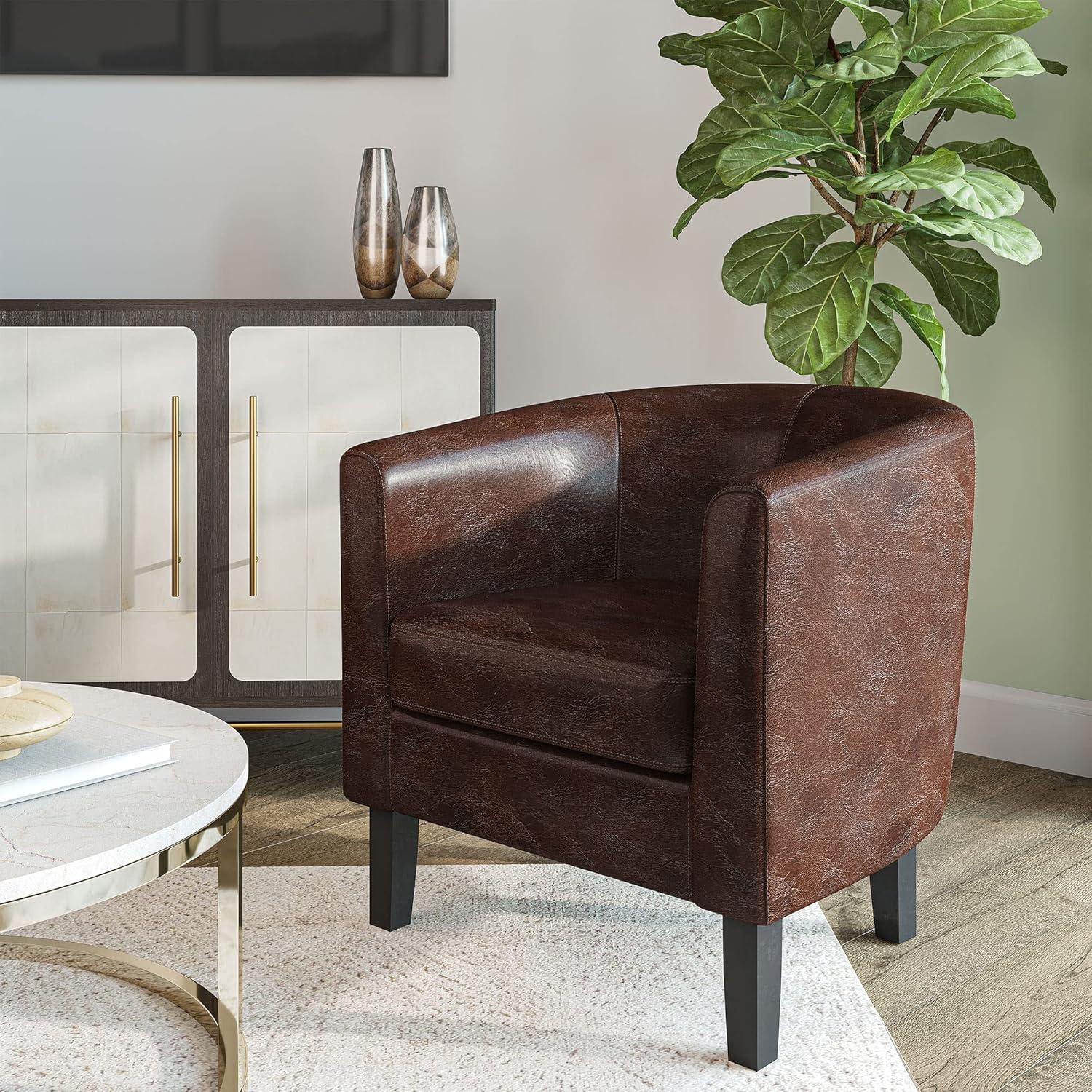 Modern Caramel Barrel Accent Chair in Faux Leather