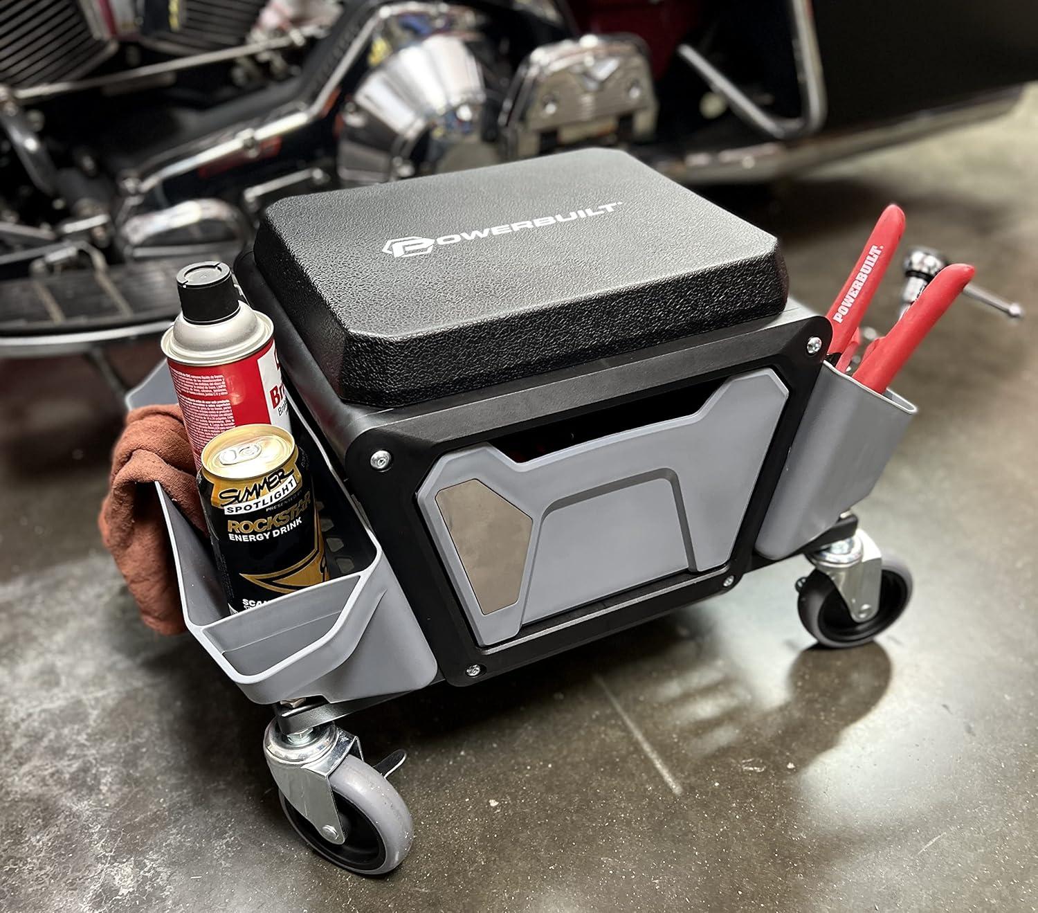 Powerbuilt Rolling Utility Seat with Side Trays and Drawer