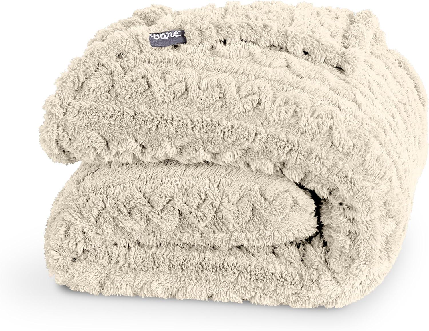 Oyster - Cable Twin/Twin XL Cozy Faux Shearling Bed Blanket by Bare Home