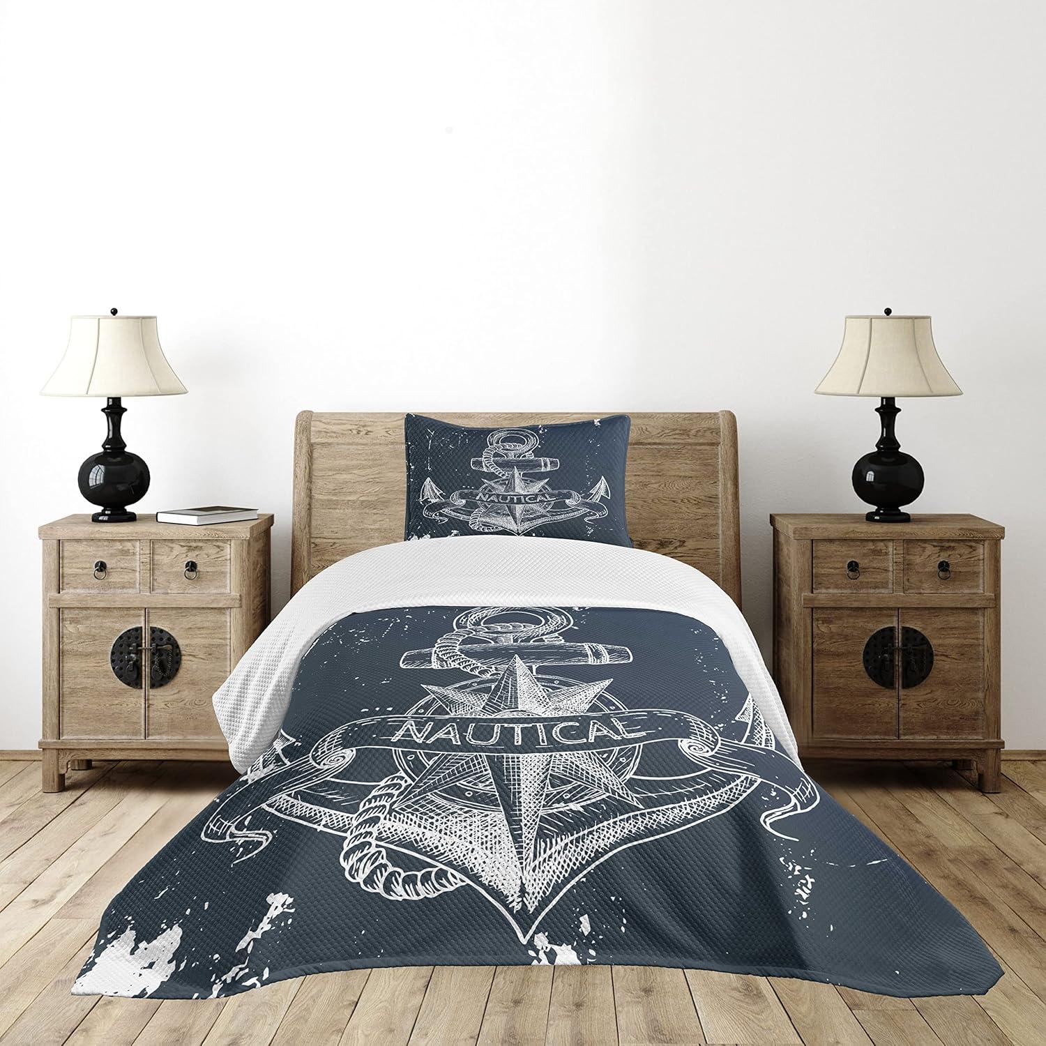 Ambesonne Ambesonne Nautical Bedspread Set Knot Anchor Compass Dark Blue White