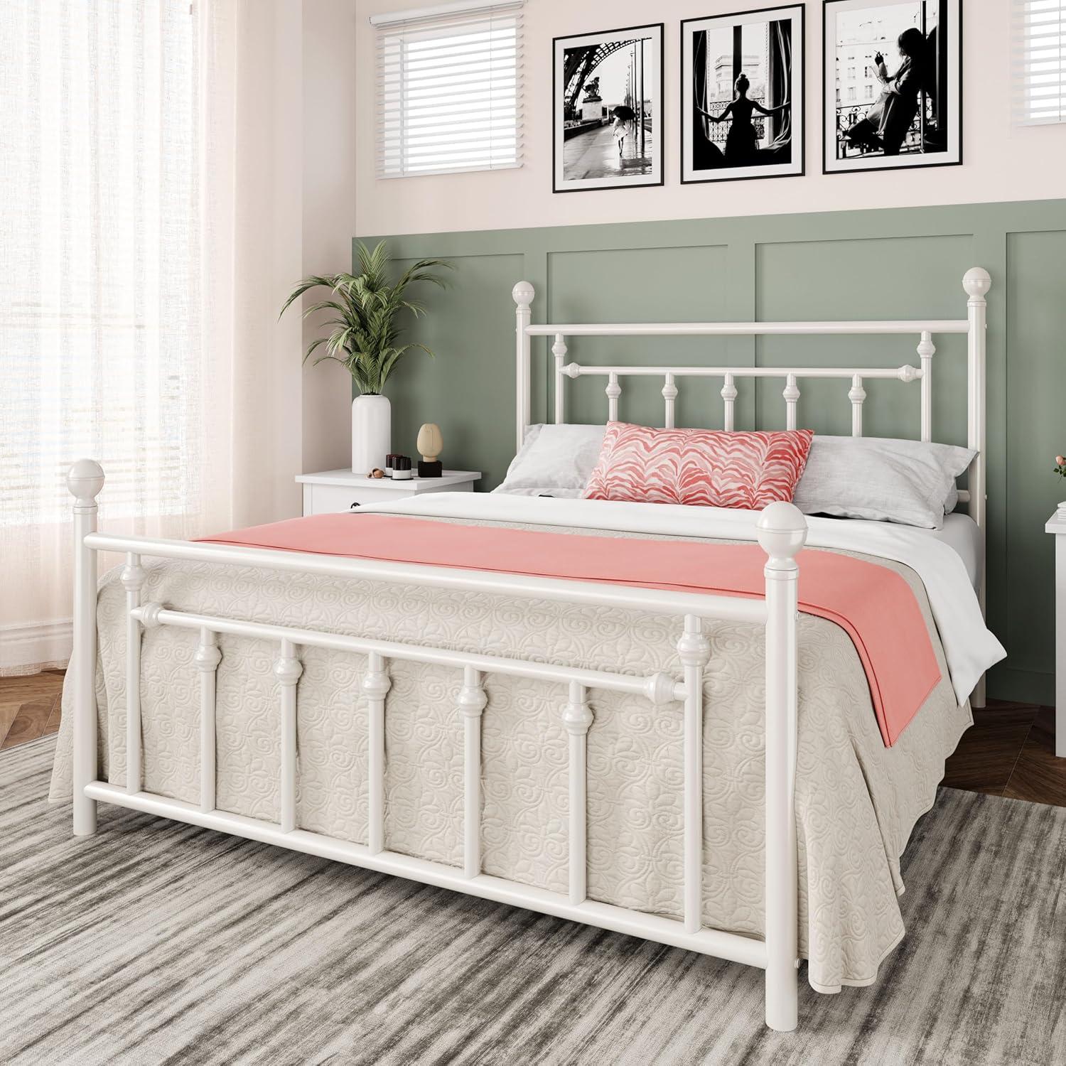 Allewie 14 Inch Queen Size Metal Platform Bed Frame with Victorian Vintage Headboard and Footboard/Mattress Foundation/Under Bed Storage/No Box Spring Needed/Easy Assembly/Noise Free/White
