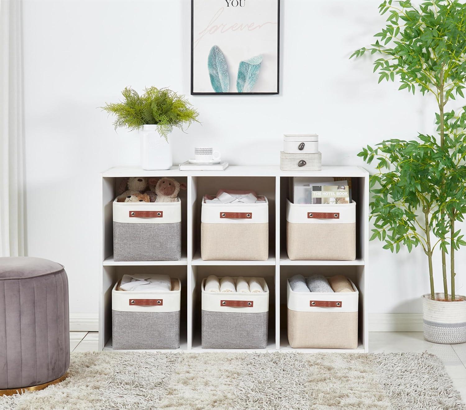 Beige and White Rectangular Fabric Storage Bins with Handles