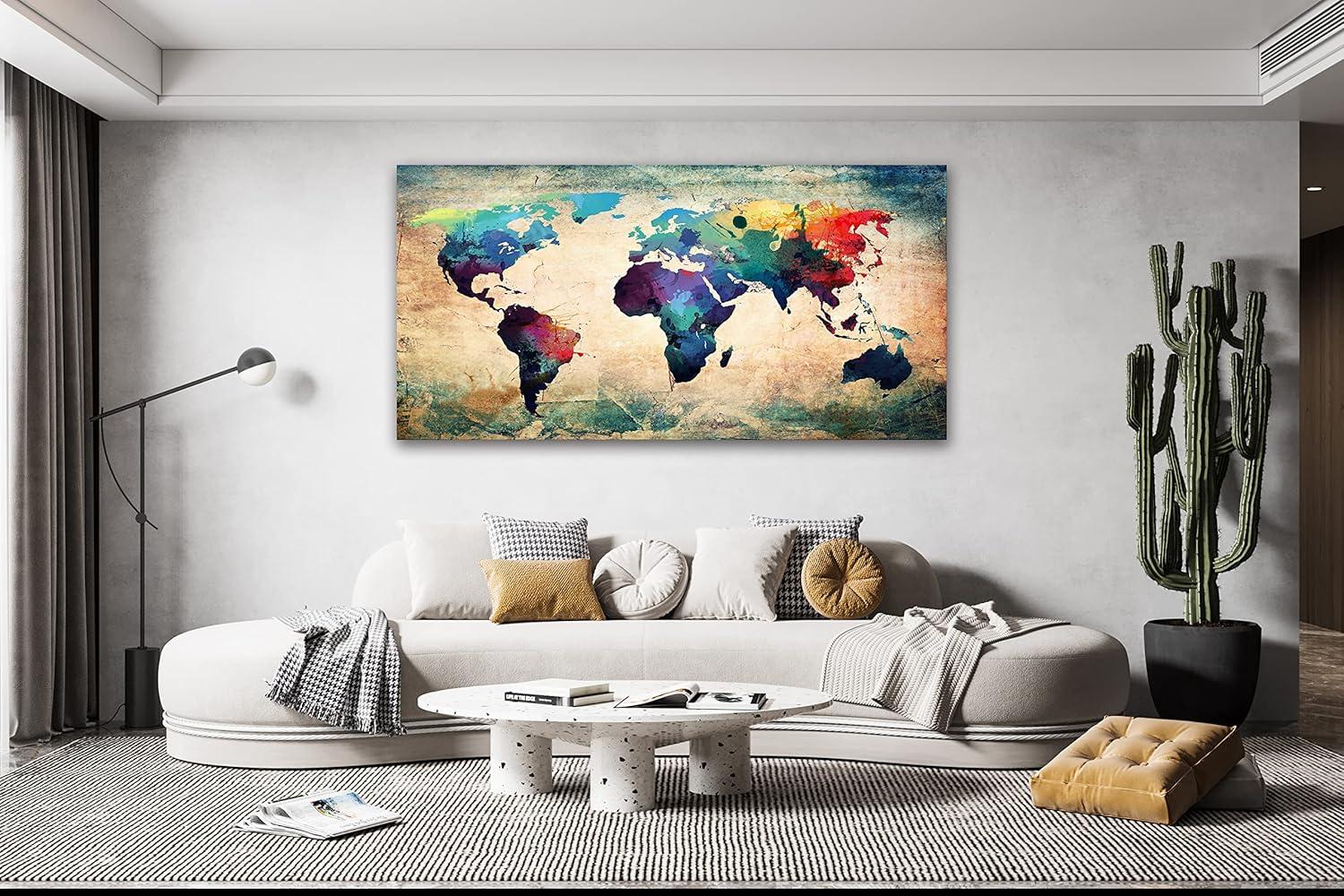 Baisuwallart A62075 Abstract World Map Canvas Painting Vintage Posters and Prints Colorful Wall Art Wall Pictures Artwork Framed Ready to Hang for Living Room Bedroom Office Home Decor 30x60inch