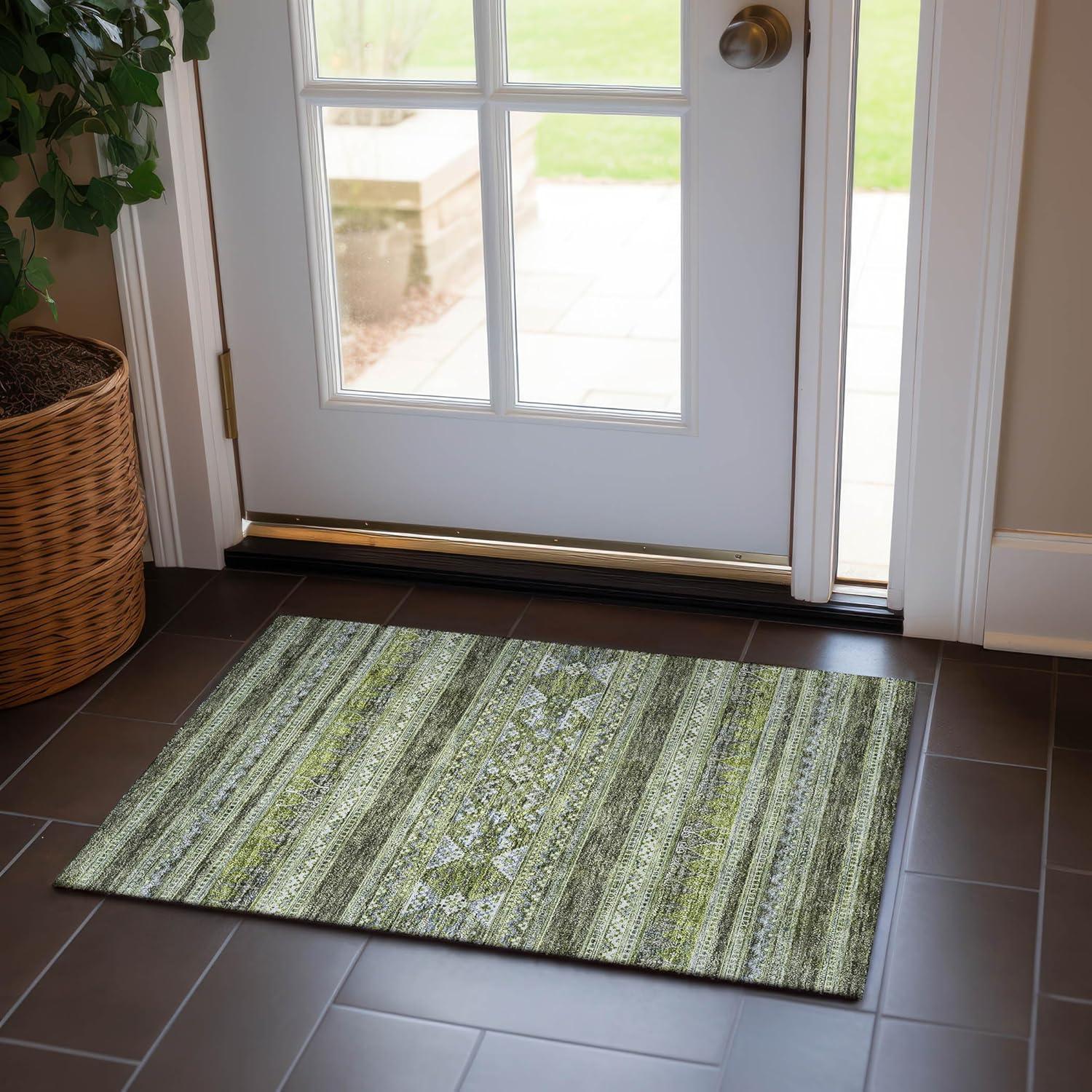 Olive Green Synthetic Flat Woven Rectangular Rug