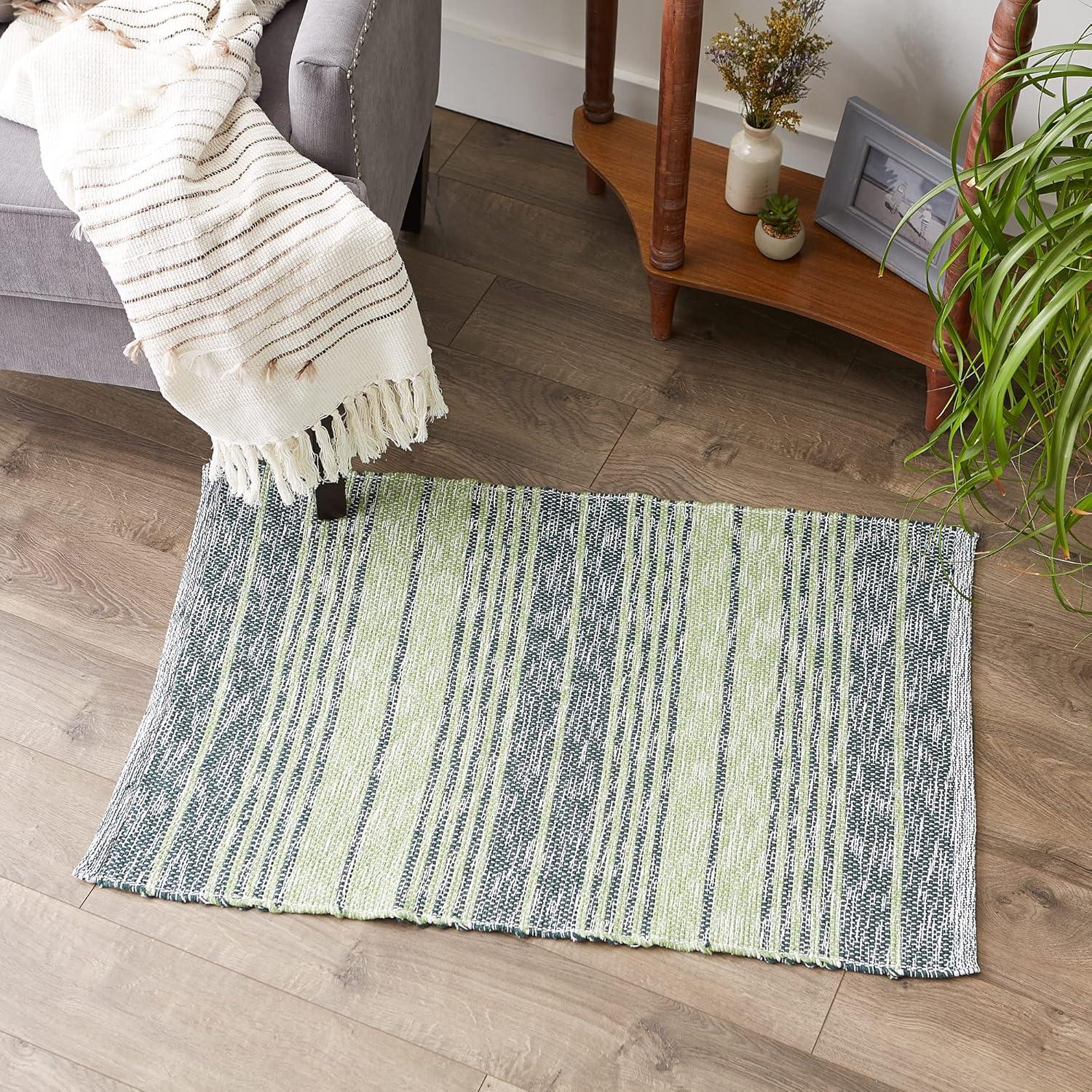 Variegated Hunter Green Stripe Handwoven Recycled Yarn Rug 2x3 Ft