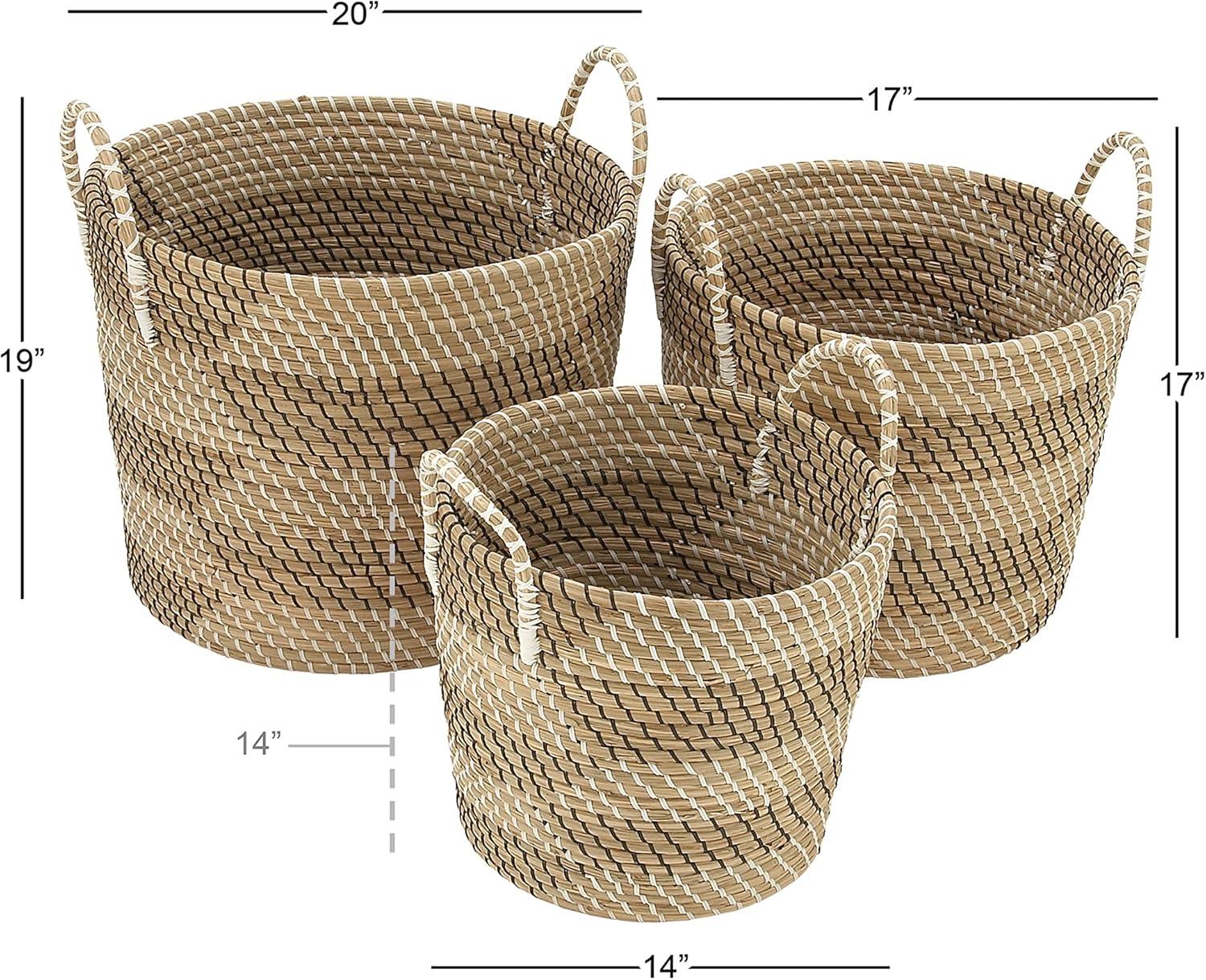 DecMode 14", 17", 19"H Beige Seagrass Handmade Two Toned Storage Basket with Handles, 3-Pieces