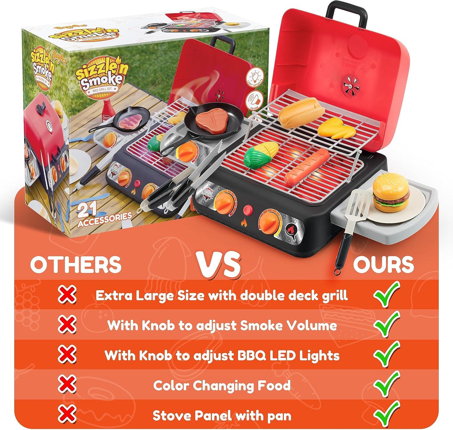 Kids BBQ Grill Playset, Kitchen Toy Set with Pretend Smoke, Light,Indoor Outdoor Cooking Toy for Boys Girls Kids