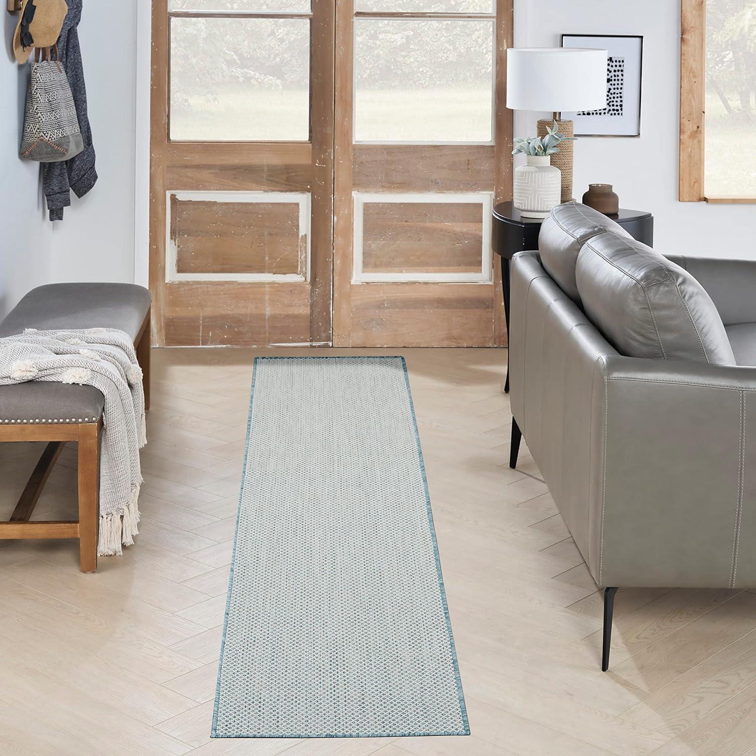 Nourison 2'2" x 8' Courtyard Modern Easy Care Flatweave Indoor Outdoor Runner Rug Ivory/Aqua