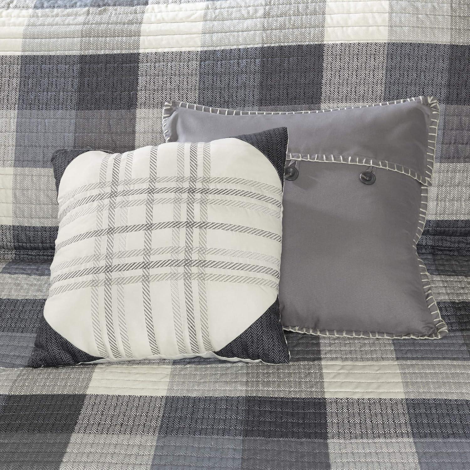 Madison Park 6pc King/California King Warren Herringbone Quilted Reversible Coverlet Set with Decorative Pillows Gray: Rustic Comfort Bedding Set
