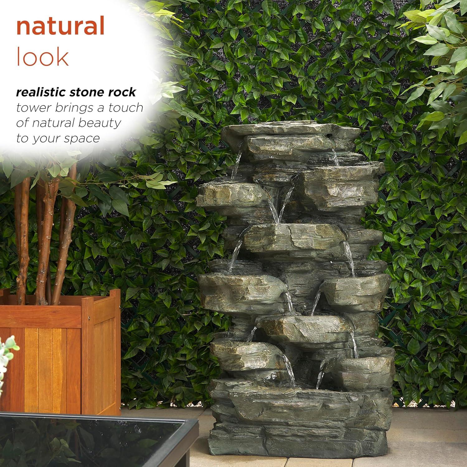 Gray Stone 39" Solar Powered Tiered Rock Fountain with LED Lights