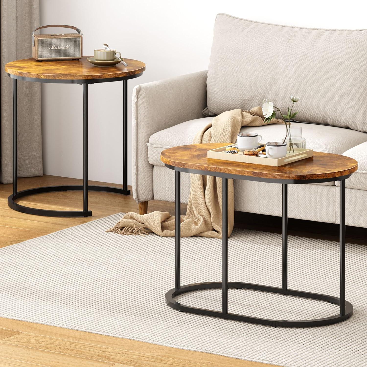 Bennium Industrial Round Nesting Coffee Table Set of 2, Circle Coffee Table Nested Sets Sturdy Stacking Table for Living Room Small Spaces Office, Easy Assemble, Rustic Brown