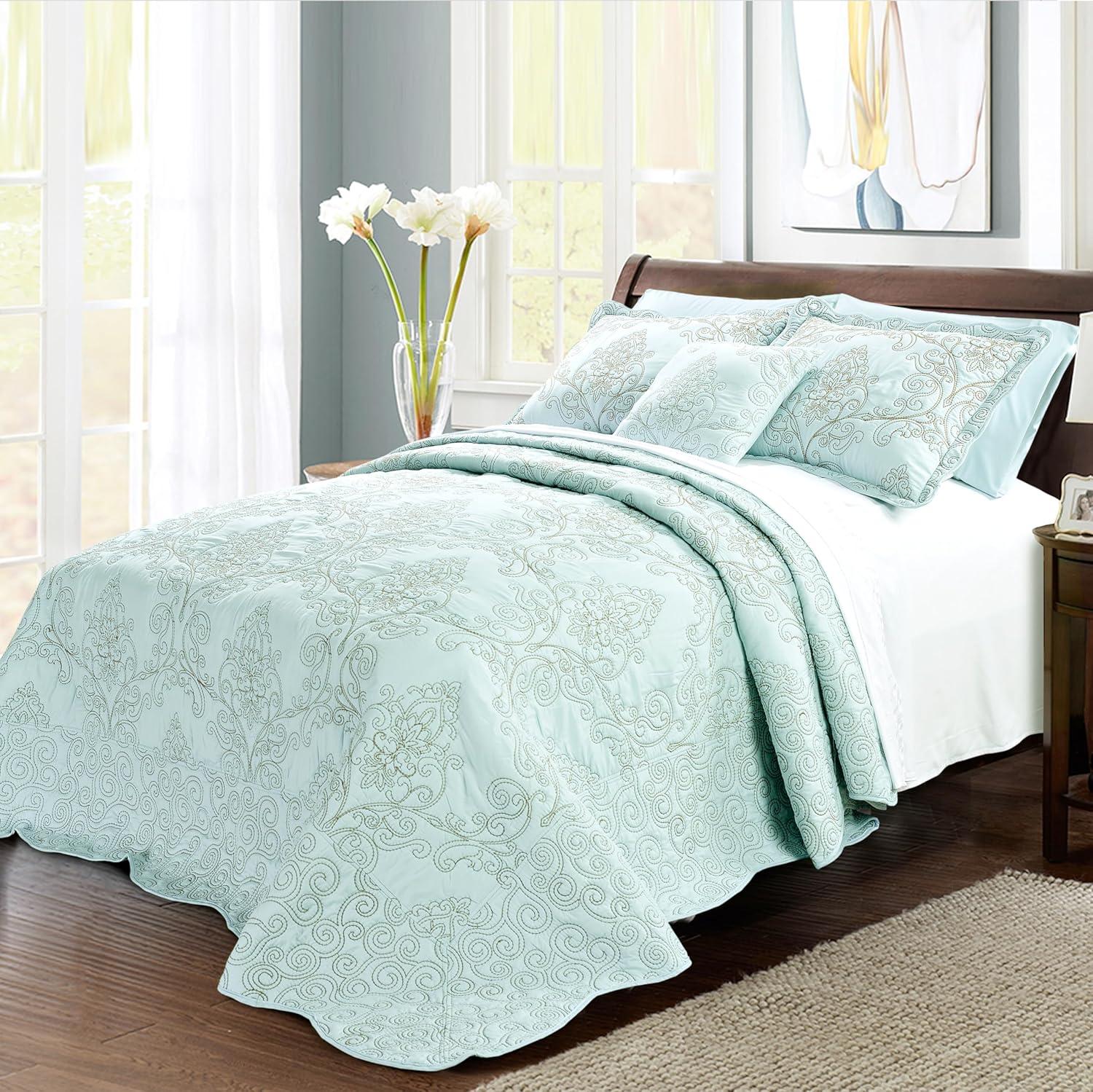 Oversized Blue and Taupe Embroidered Microfiber Bedspread Set