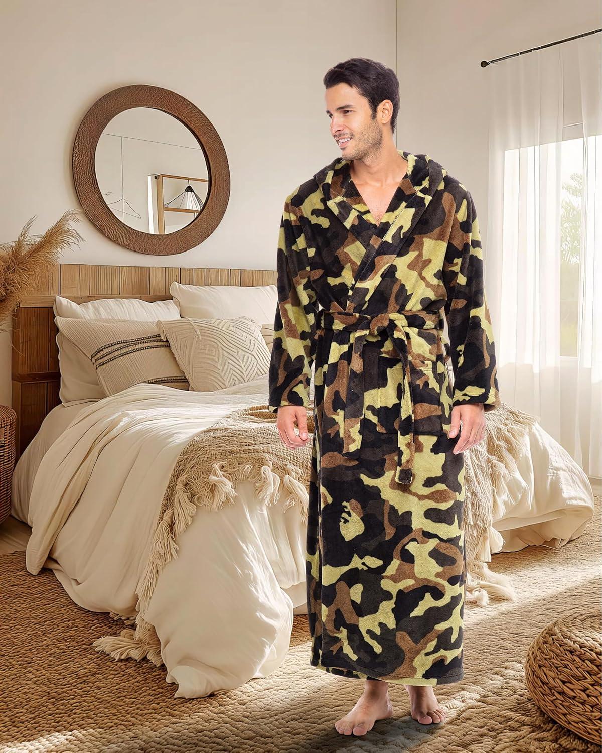 ADR Mens Robe, Plush Fleece Hooded Bathrobe Men, Men's Bathrobes, Big and Tall Bath Robe for Men Green Camouflage Medium