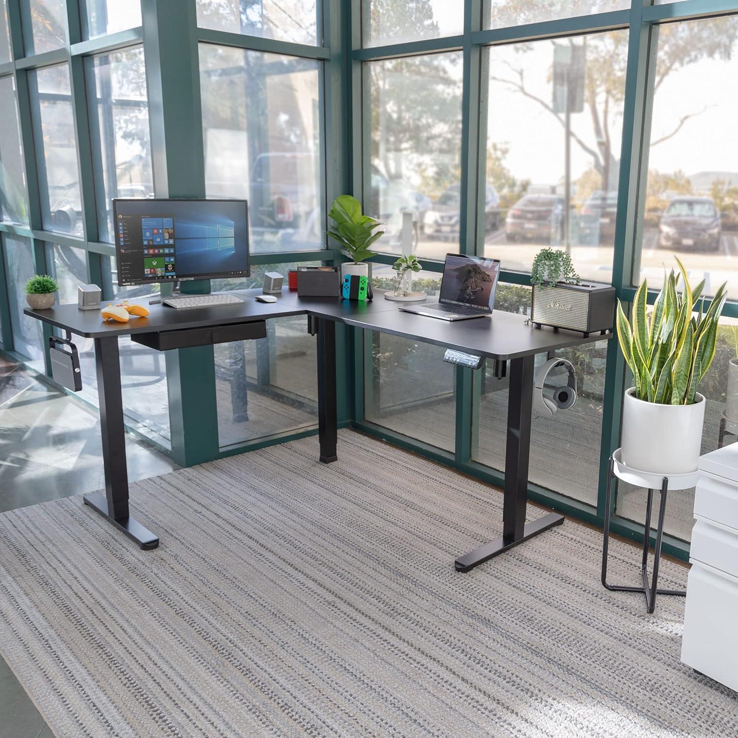 Large Black Adjustable Height L-Shaped Standing Desk with Drawer