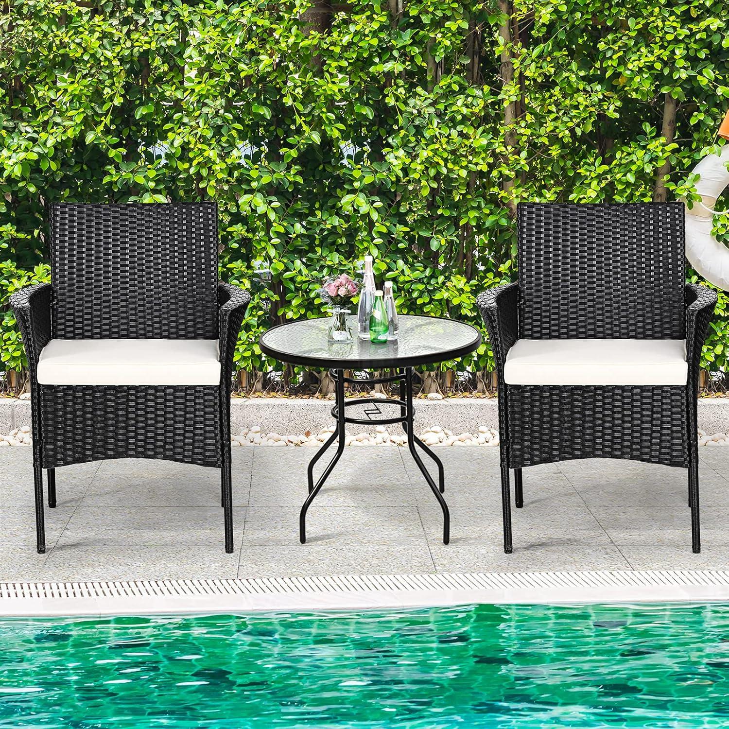 HMTtie Patio Dining Chairs Set of 2, Indoor Outdoor Wicker Armchairs with Cane Back, Soft Cushions, 2 Pack PE Woven Rattan Kitchen & Dining Room Chairs, 360LBS Weight Capacity (2, Black+Beige)