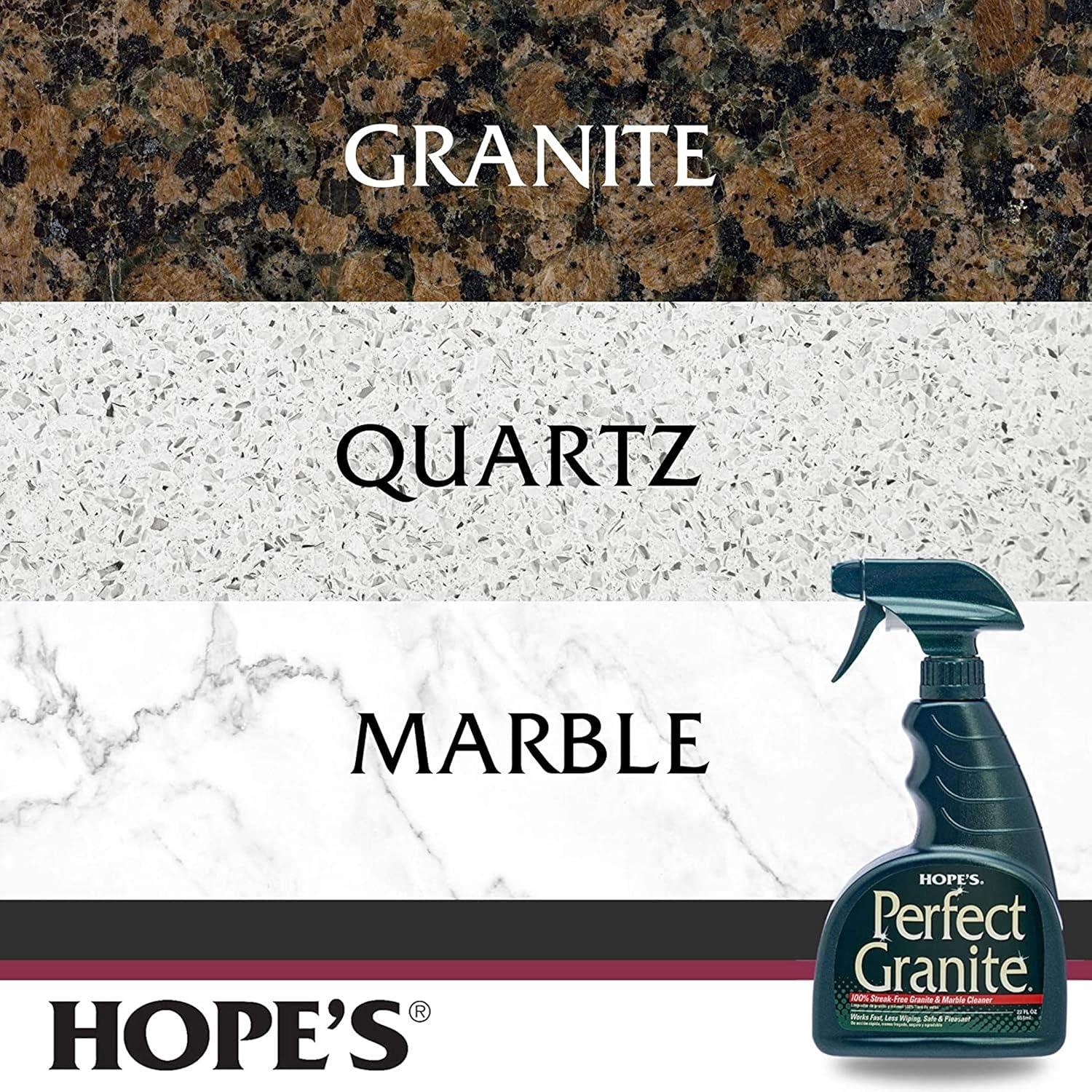 HOPE'S Perfect Granite & Marble Countertop Cleaner with Microfiber Cloth, Stain Remover and Polish, Streak-Free, Ammonia-Free, 22 Ounce, Pack of 1 with Microfiber Cloth