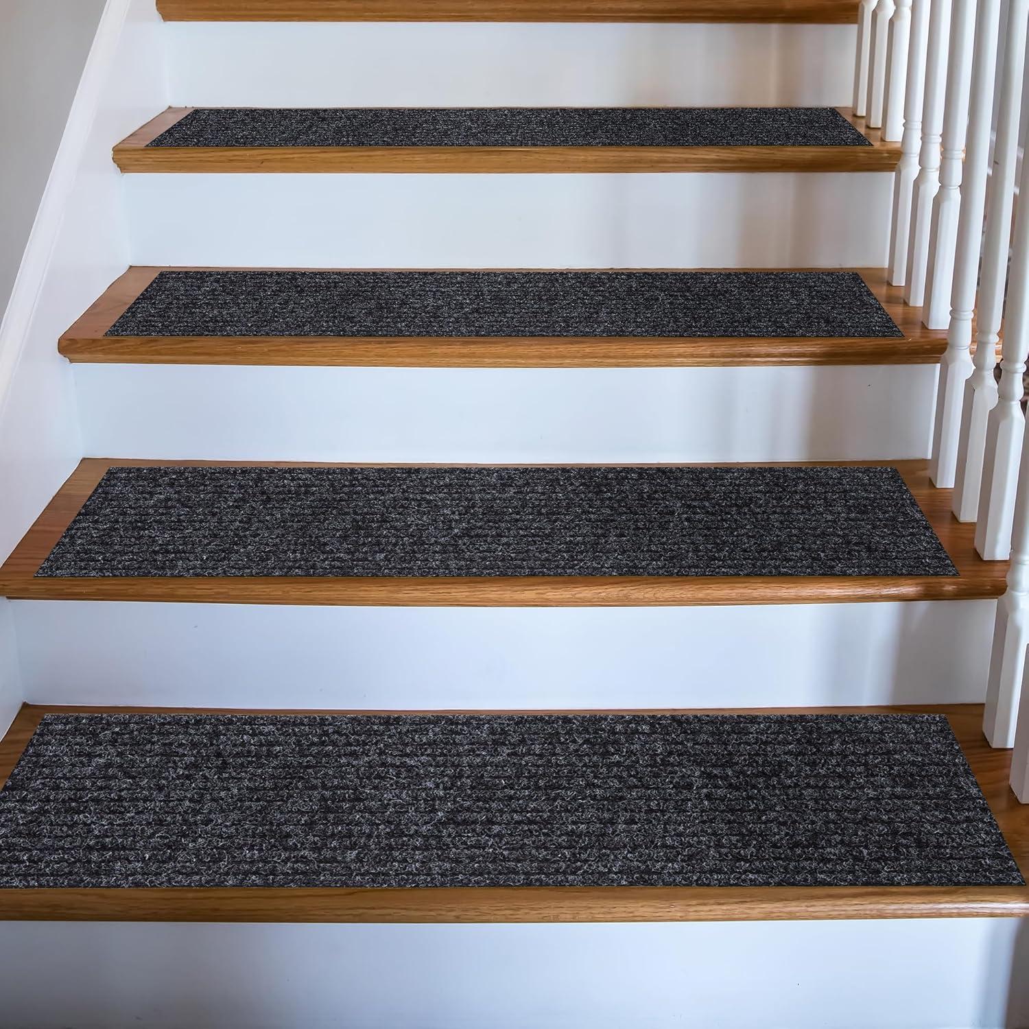 Ottomanson Non-Slip Rubberback Solid Design 8" x 30" Indoor/Outdoor Stair Treads, 7 Pack, Black