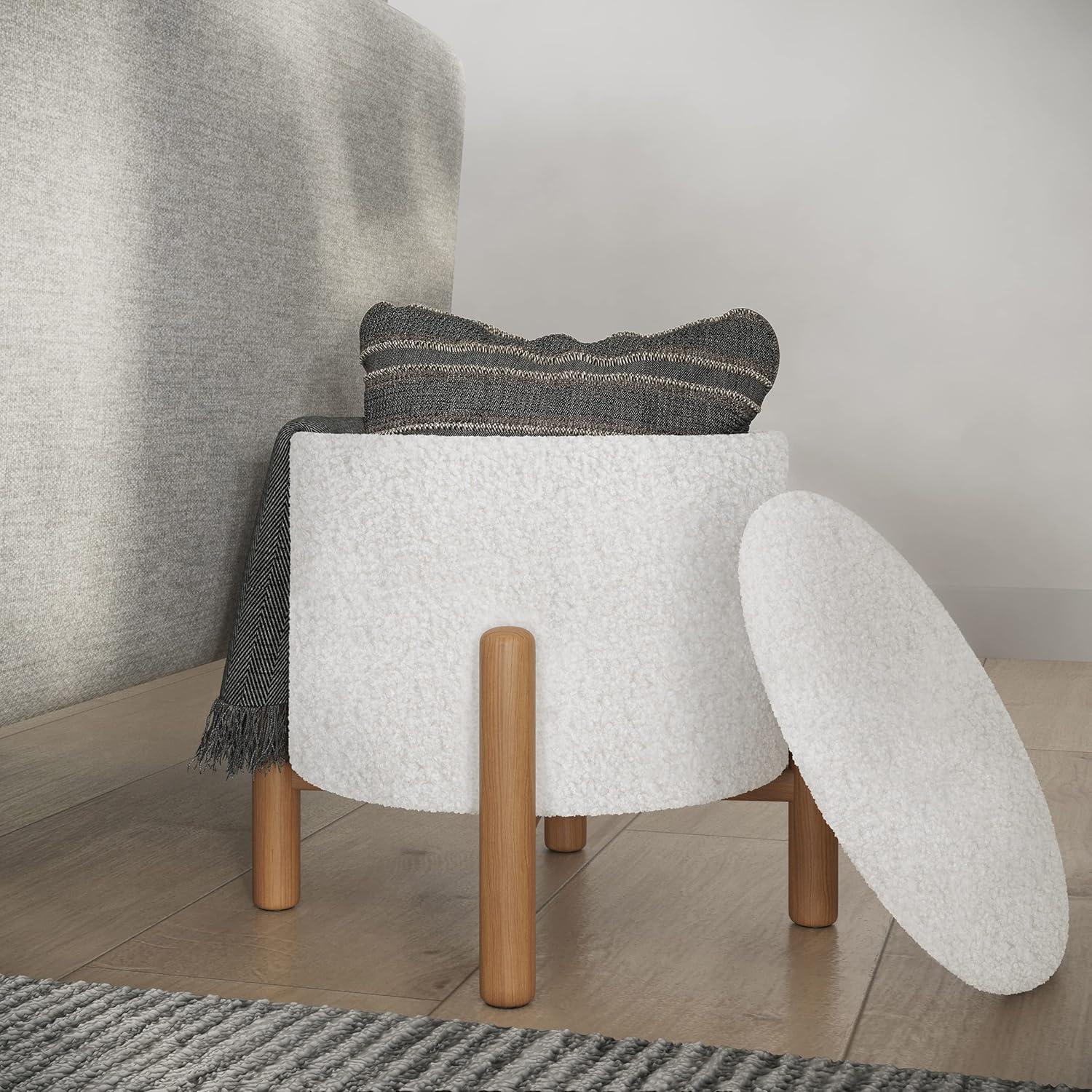 Lavish Home Round Ottoman with Removable Top for Storage (White)