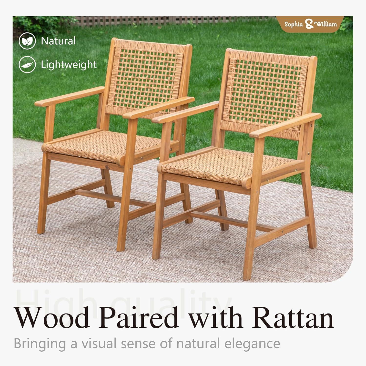 Brown Acacia Wood and Rattan Outdoor Dining Armchairs, Set of 2