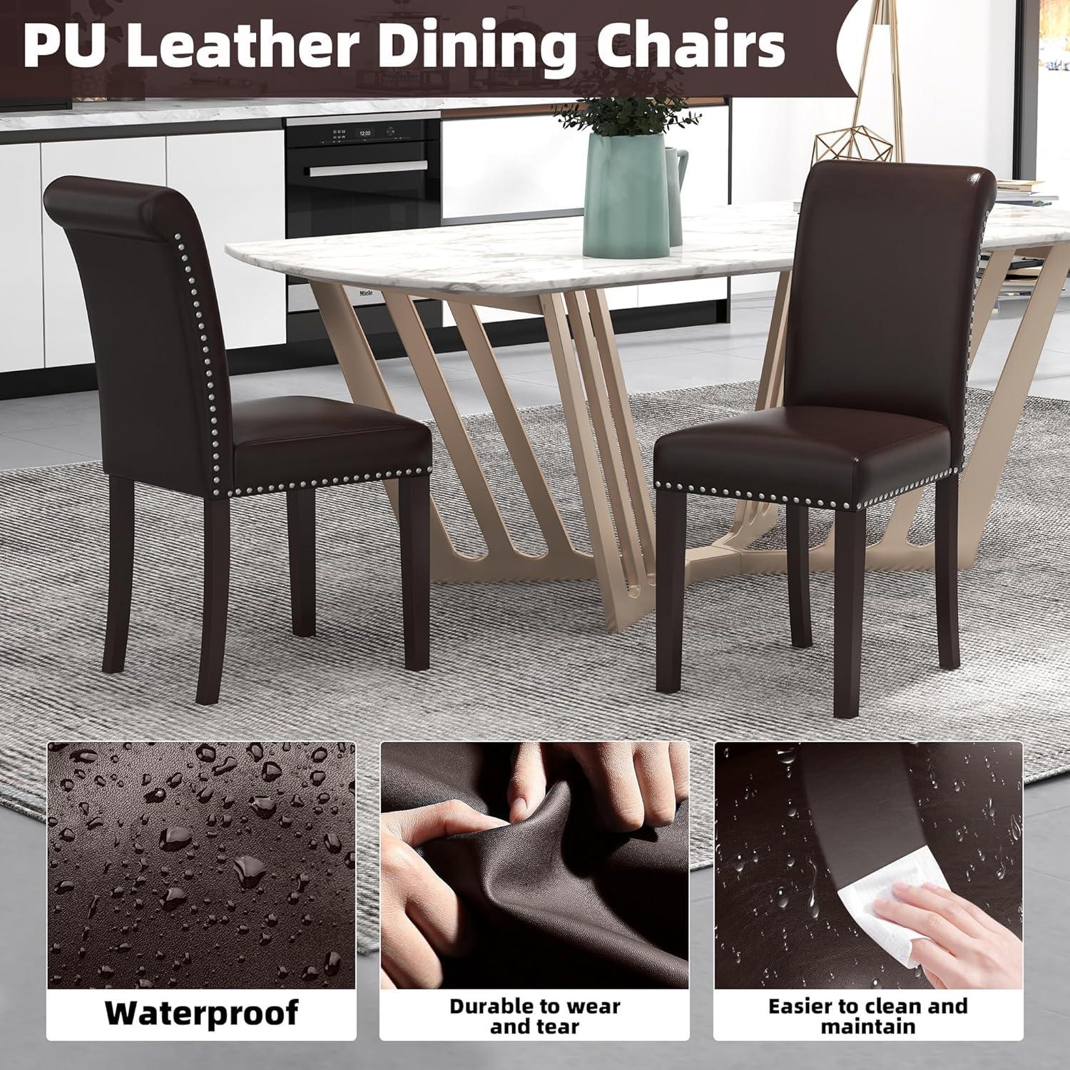 Westice Dining Room Chairs Set of 6 Upholstered PU Leather Kitchen Chairs Dining Room Side Chair with Nailhead Trim and Rubber Wood Legs for Small Space Apartment, Brown