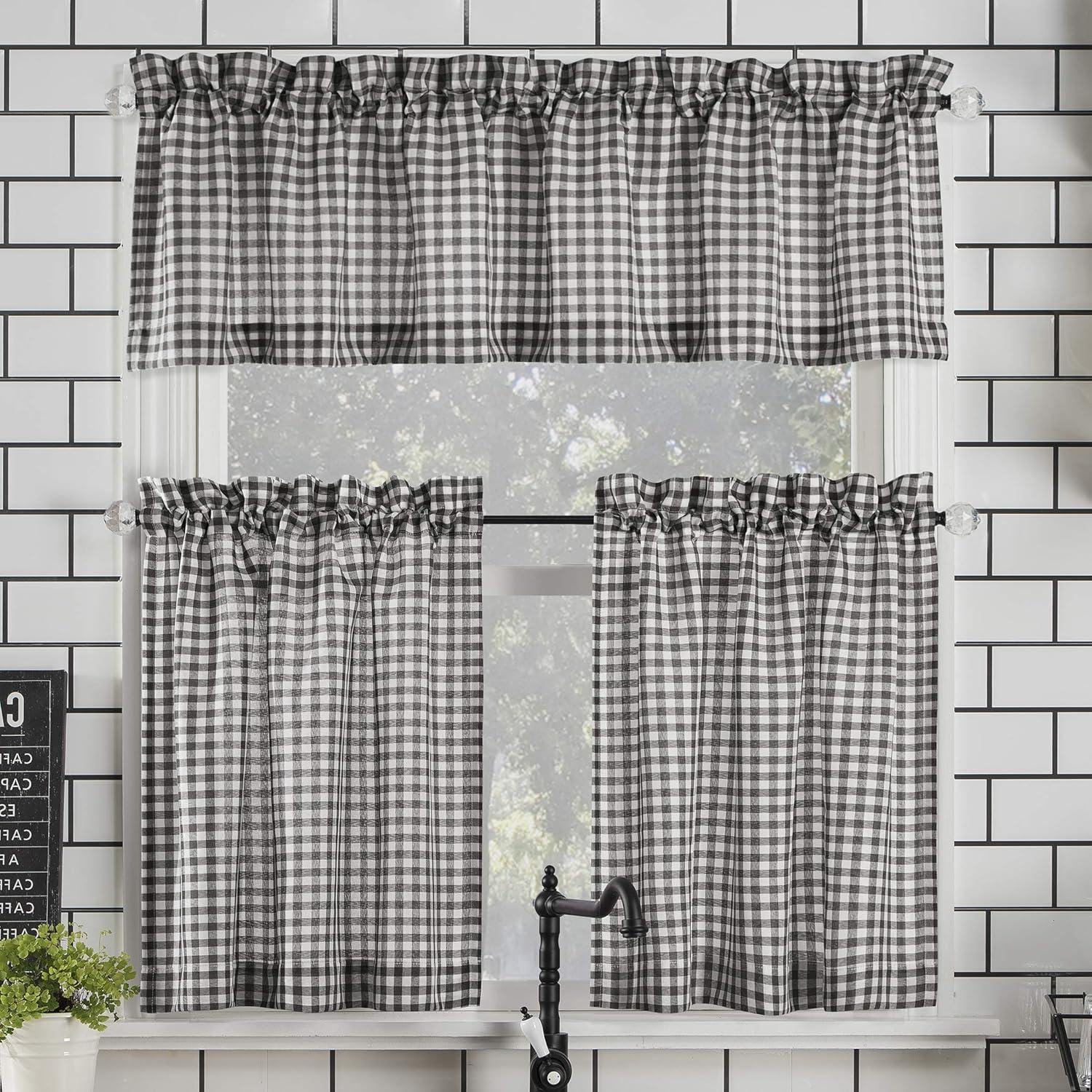 Parkham Black and White Plaid Semi-Sheer Kitchen Curtain Set