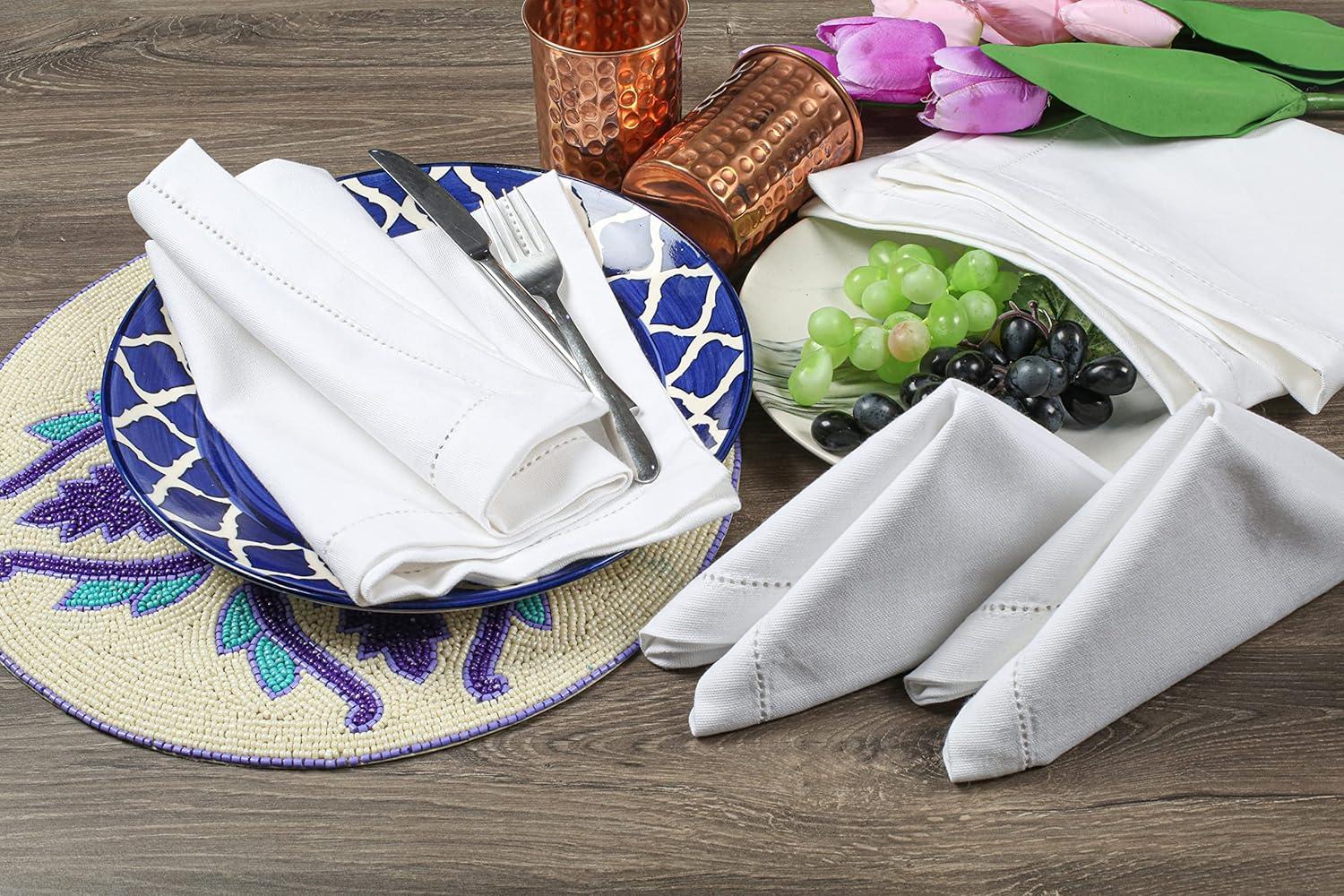 Elegant White Cotton Hemstitched Dinner Napkins Set of 12