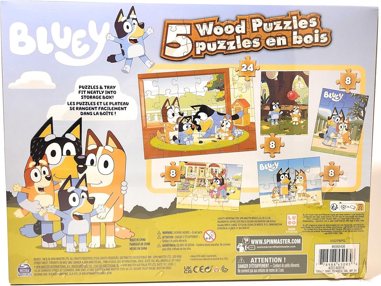 Bluey, 5 Wood Puzzles Jigsaw Bundle with Tray, for Kids Ages 3 and up