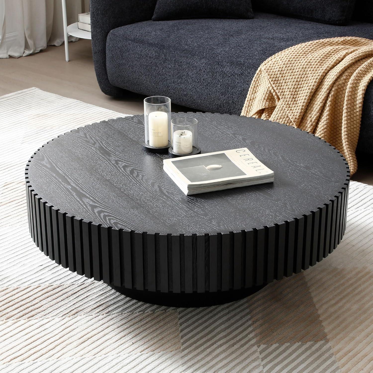 LUMISOL Round Coffee Table for Livng Room, Modern Handcraft Drum Center Table with Sturdy Pedestal, Fluted Circle End Table for Office, Apartment, Small Space, Black