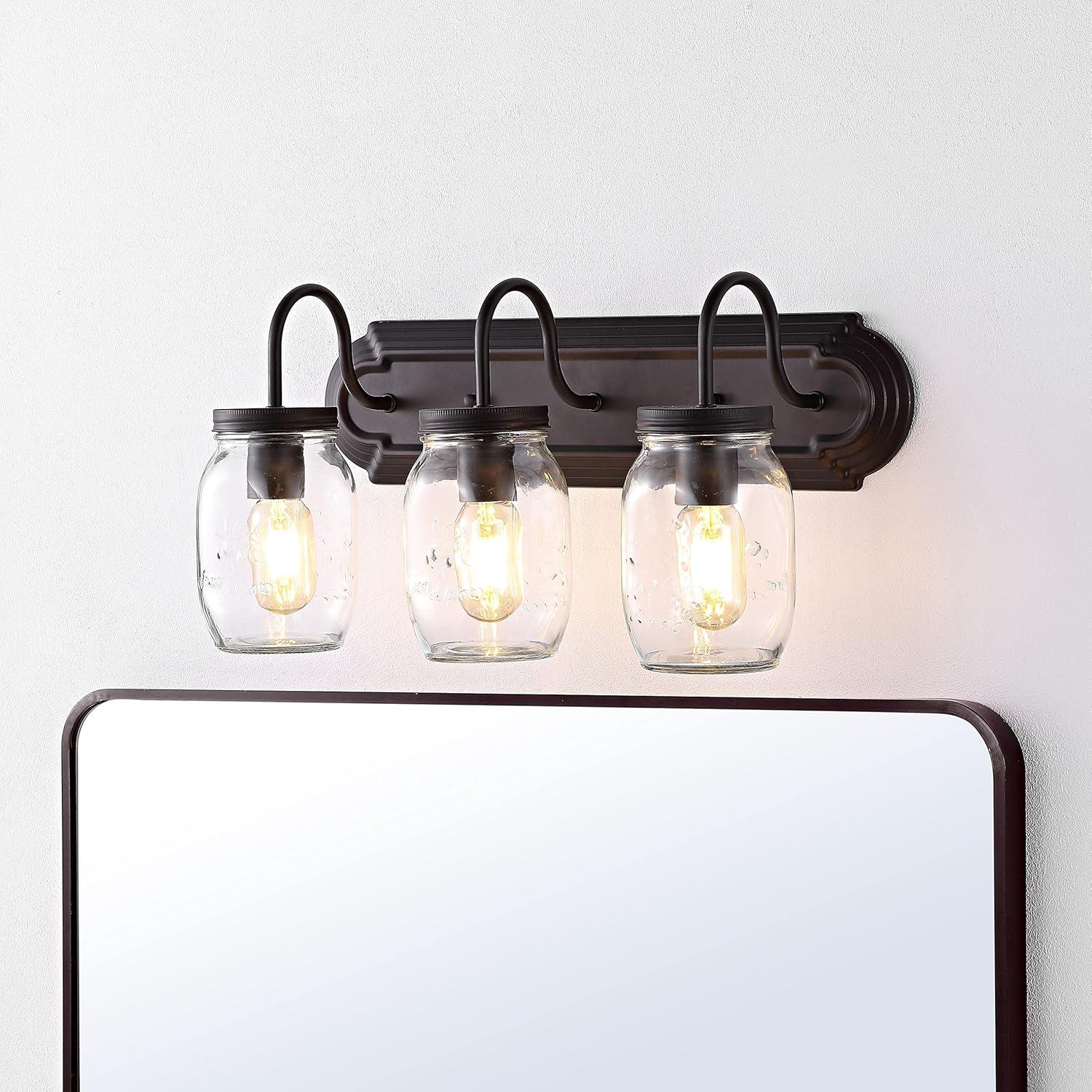 Gaines 19.3" 3-Light Farmhouse Industrial Iron Mason Jar LED Vanity, Oil Rubbed Bronze/Clear