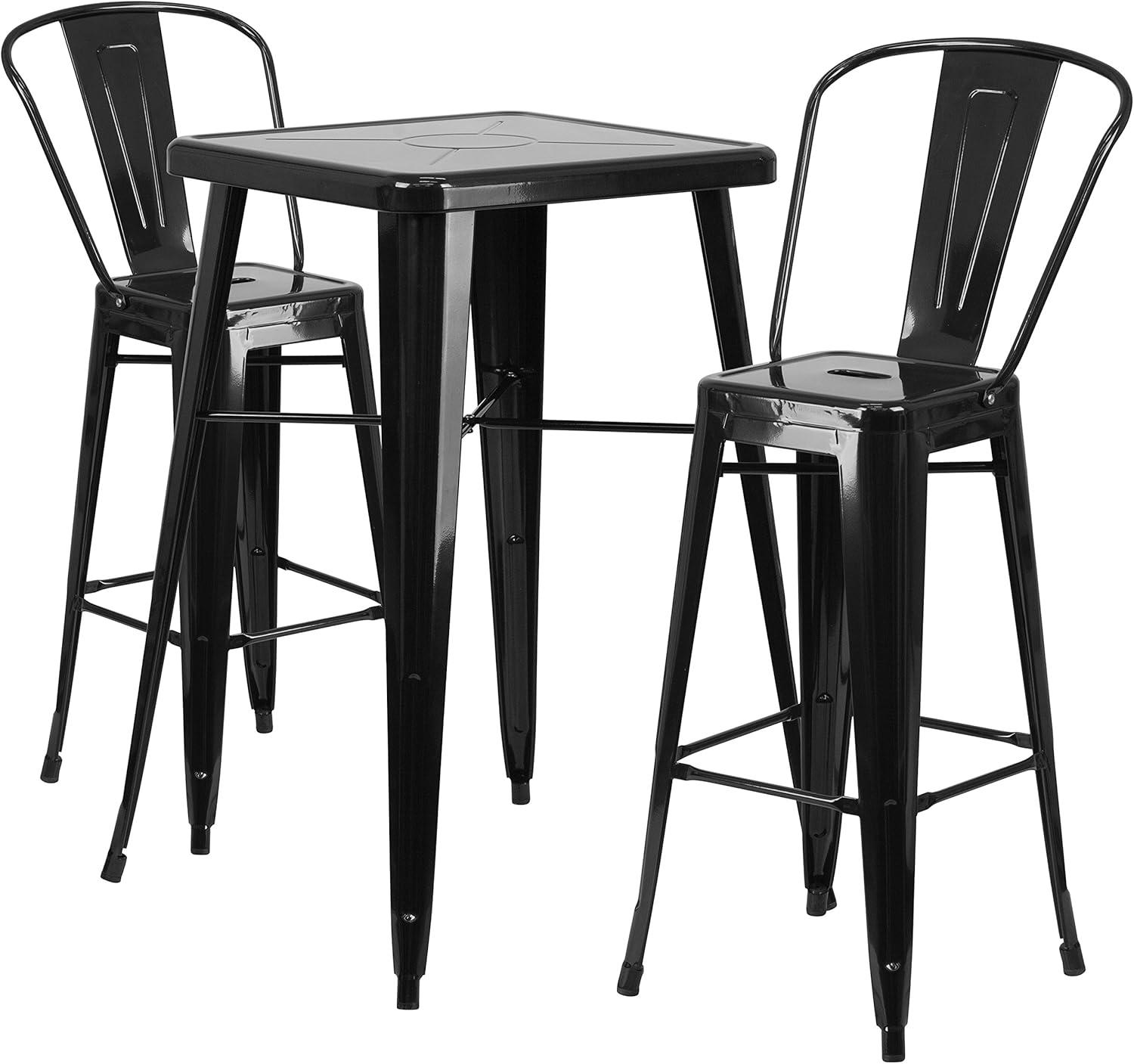 23.75" Square Black Steel Indoor-Outdoor Bar Table Set with 2 Stools