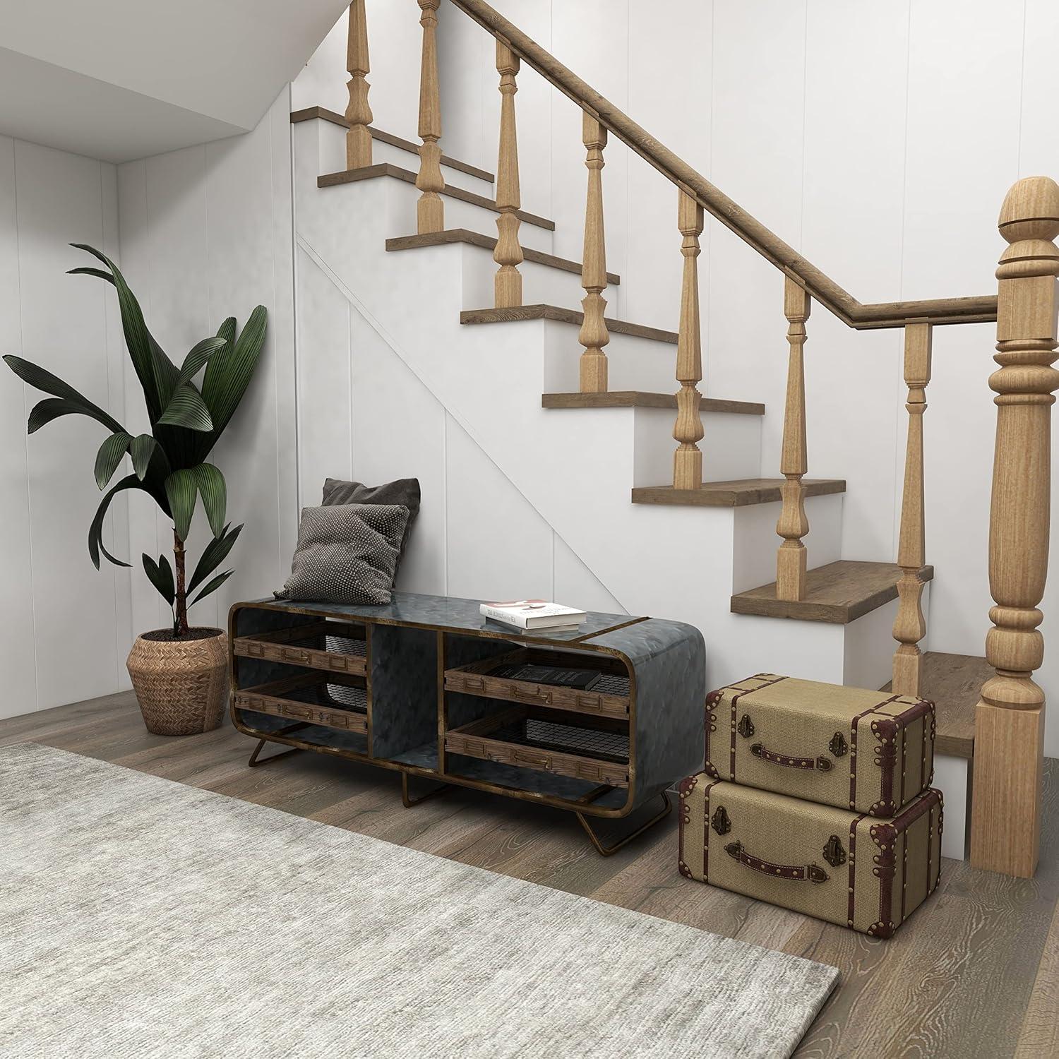 Gray and Brown Metal Storage Bench with Drawers