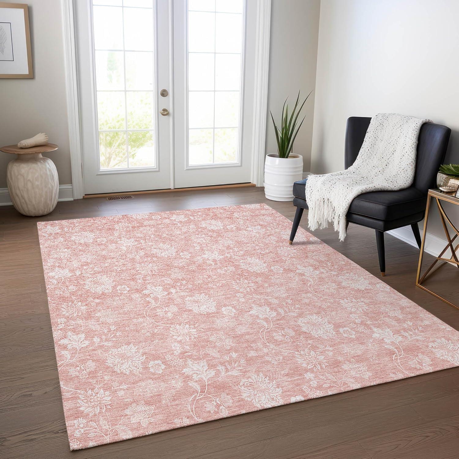 Pink Floral Rectangular Washable Synthetic Area Rug