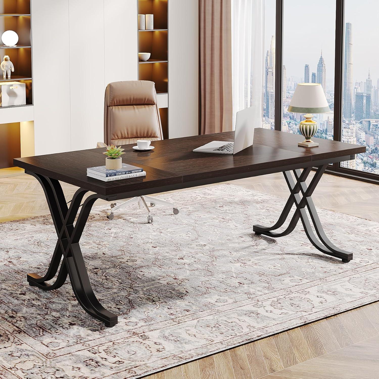 63-Inch Walnut Brown Executive Desk with Metal Frame