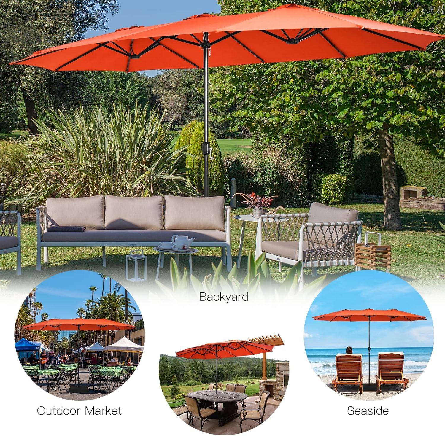 Tangkula 15Ft Double-Sided Patio Umbrella, Outdoor Extra Large Umbrella W/Hand-Crank System & Air Vents, Market Twin Umbrella W/ 12-Rib Sturdy Metal Frame for Poolside, Garden Backyard (Orange)