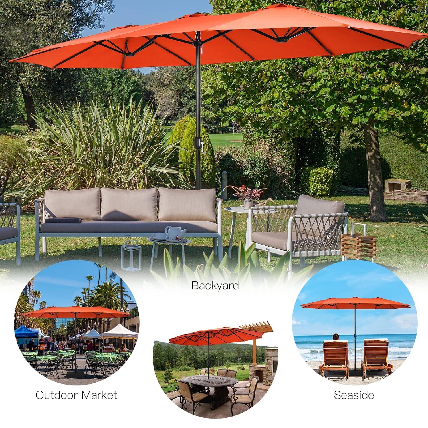 Tangkula 15Ft Double-Sided Patio Umbrella, Outdoor Extra Large Umbrella W/Hand-Crank System & Air Vents, Market Twin Umbrella W/ 12-Rib Sturdy Metal Frame for Poolside, Garden Backyard (Orange)