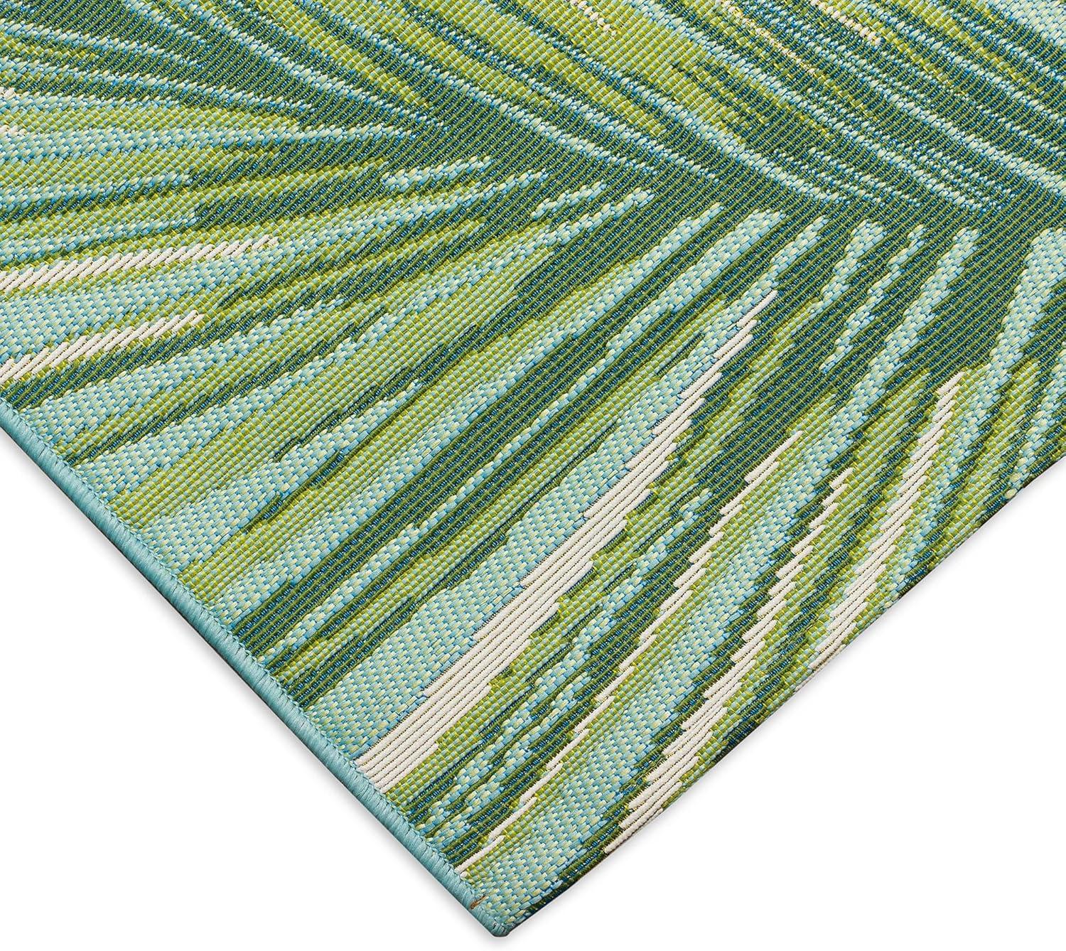 Aqua and Green Palm Leaf Indoor/Outdoor Rectangular Rug