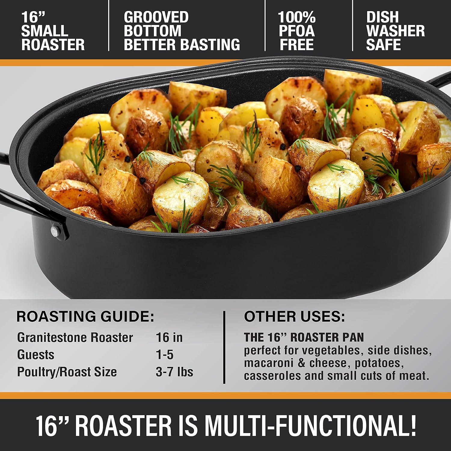 Granitestone Diamond Nonstick Roasting Pan 16" Oven Roaster Rotisserie Poultry Turkey Lasagna Deep Pan with Lid Small