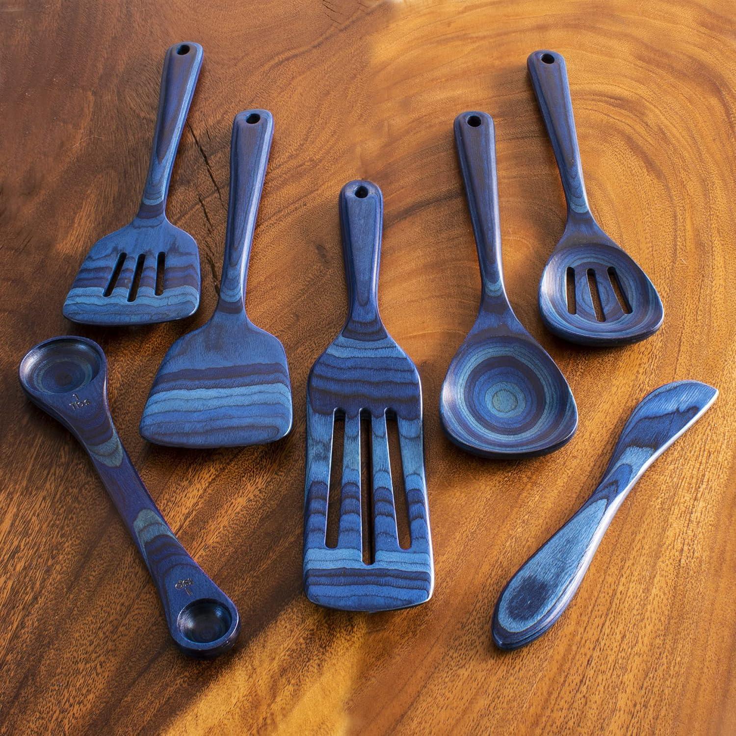 Baltique 7pc Malta Kitchen Utensil Set: Wood Cooking Tools, Hand Wash, Blue, Adult Use, Includes Measuring Spoons